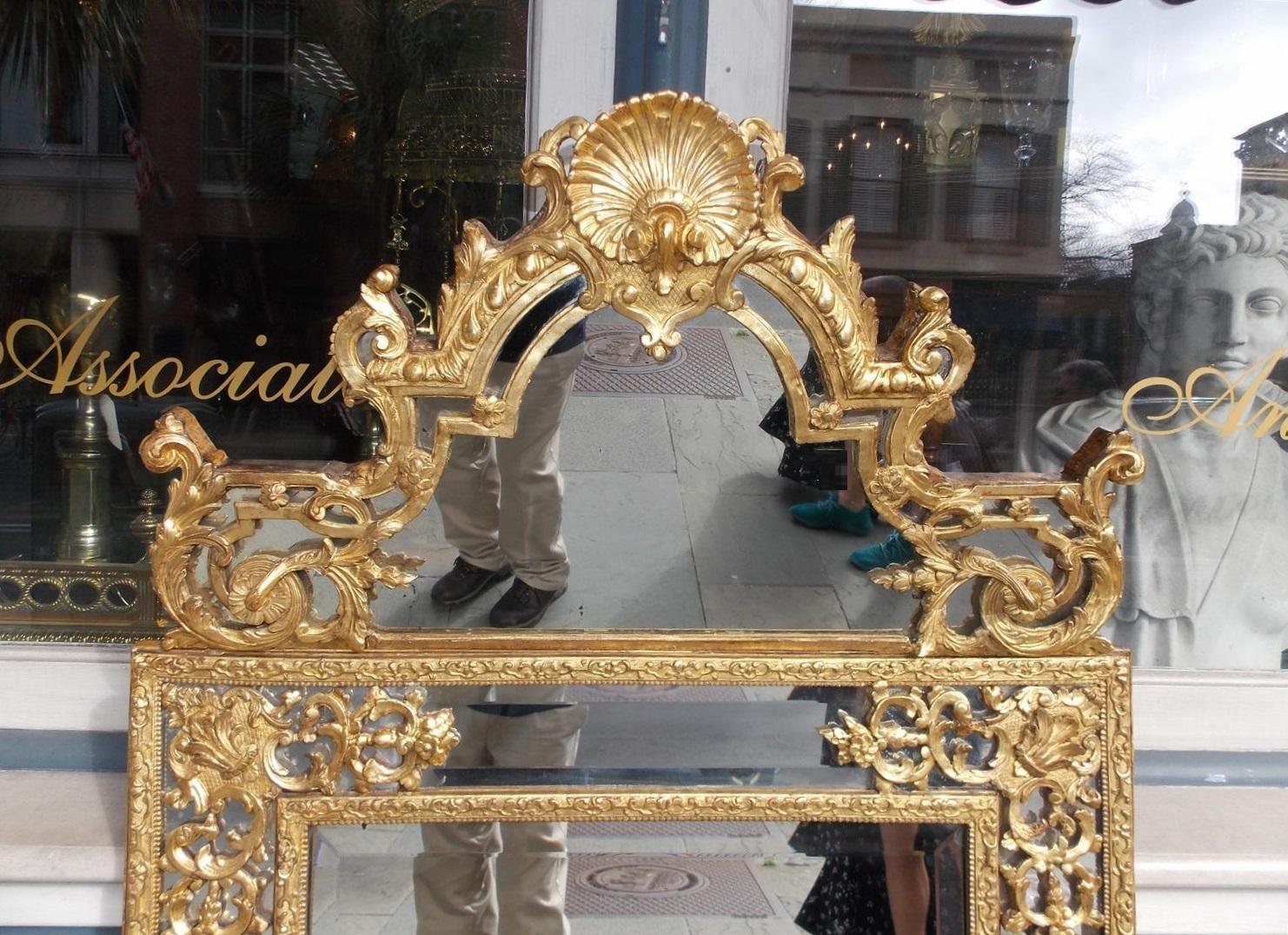 Hand-Carved French Gilt Carved Wood Floral and Shell Wall Mirror with Original Glass C. 1750 For Sale