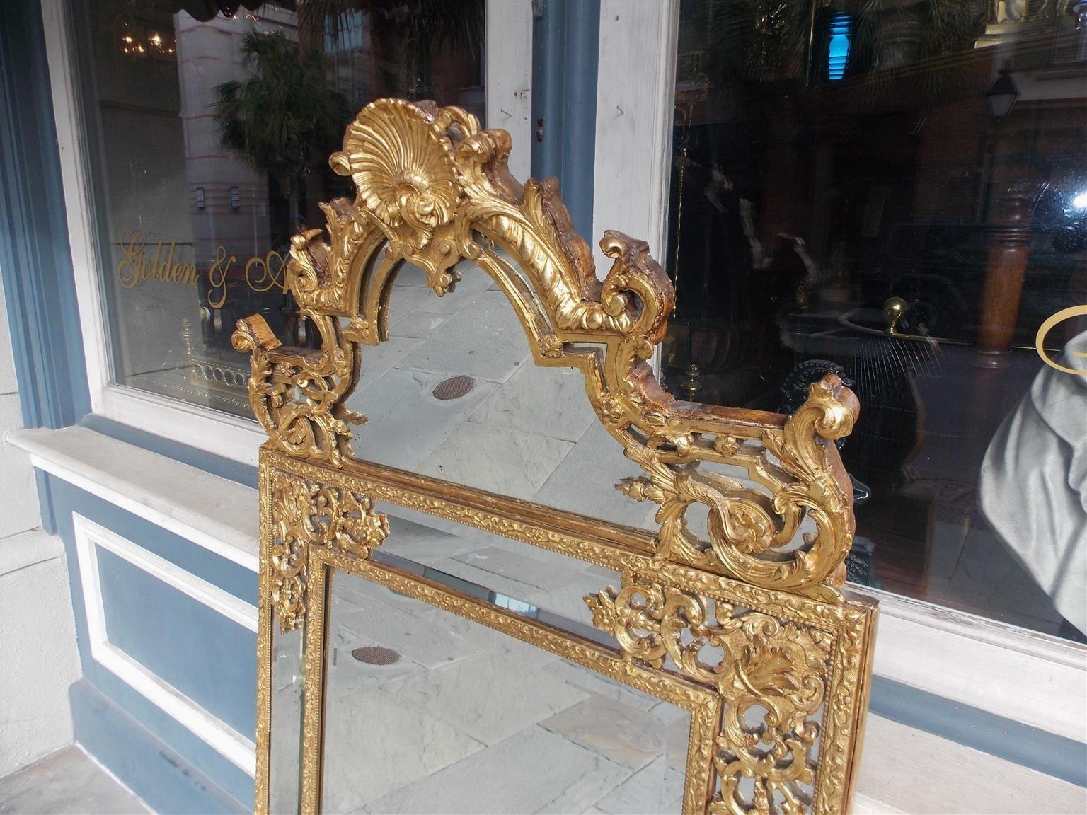 Gesso French Gilt Carved Wood Floral and Shell Wall Mirror with Original Glass C. 1750 For Sale
