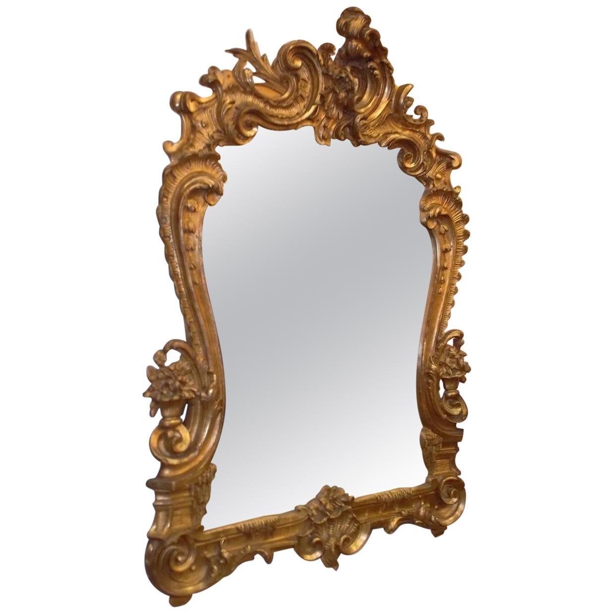 French Gilt Carved Wood Foilage and Beveled Decorative Wall Mirror, Circa 1820