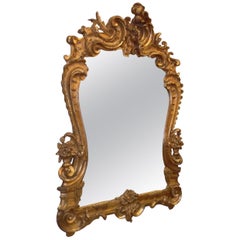 French Gilt Carved Wood Foilage and Beveled Decorative Wall Mirror, Circa 1820