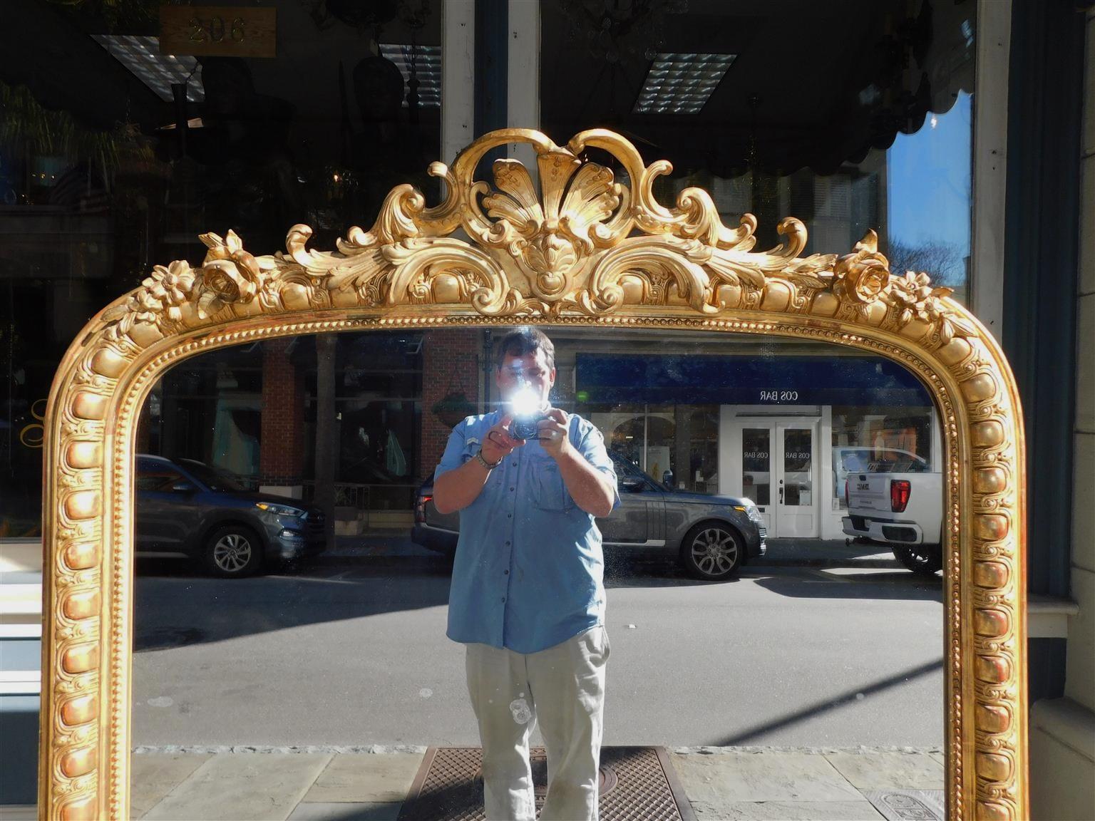 Hand-Carved French Gilt Carved Wood & Gesso Foliage Cartouche Wall Mirror, Circa 1800 For Sale