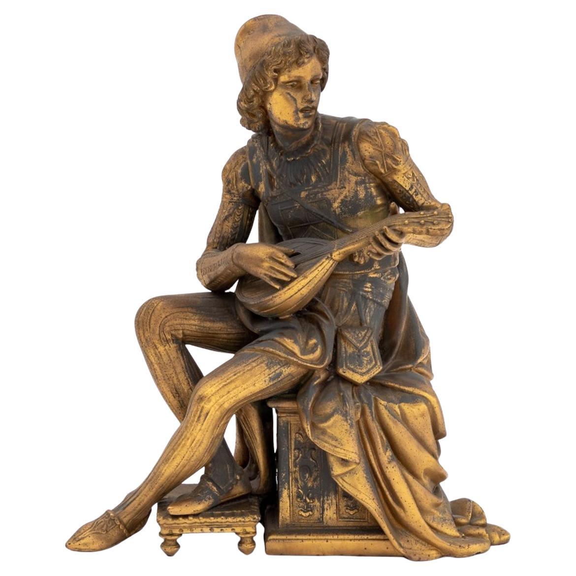 French Gilt Cast Metal Lute Player For Sale