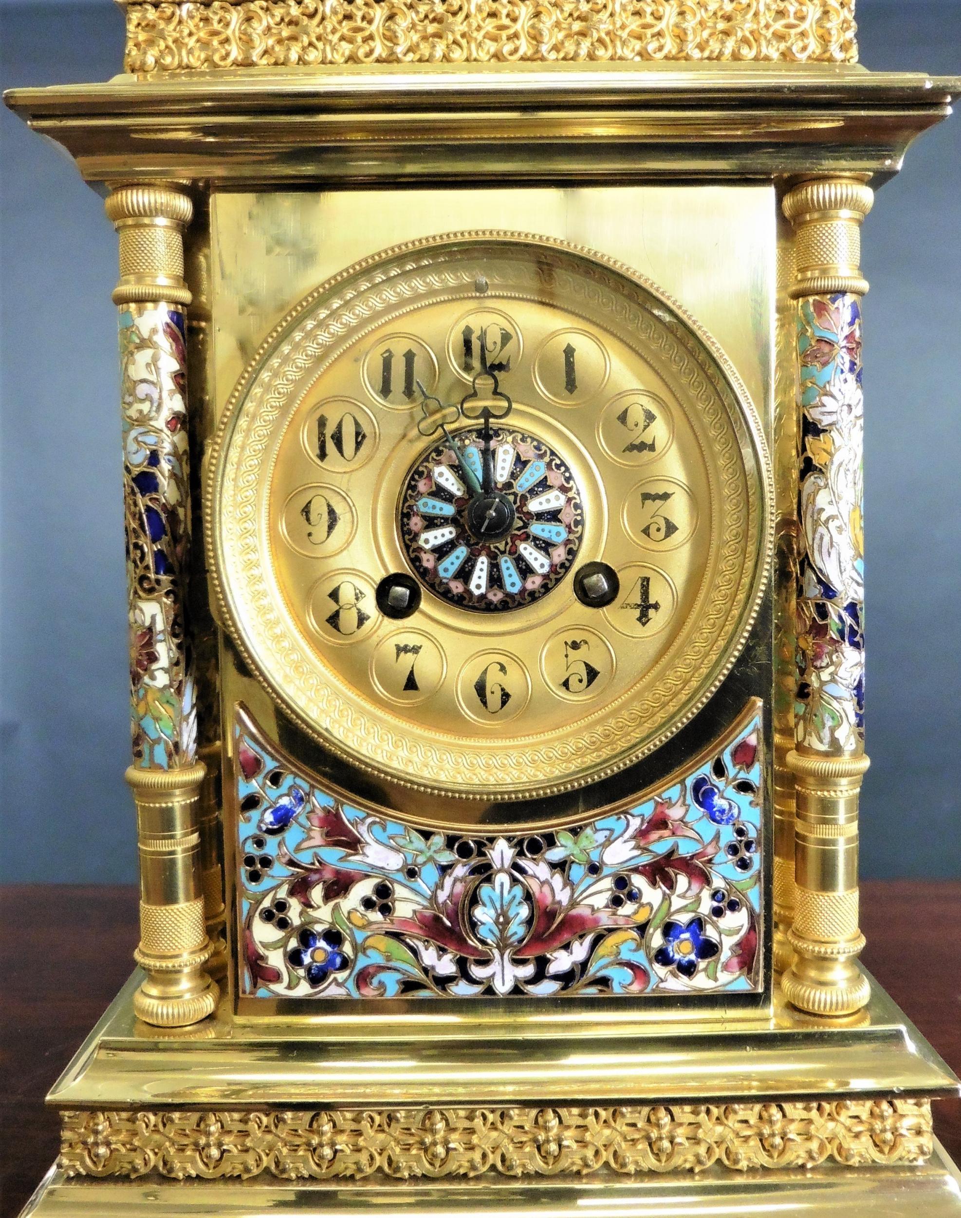 Victorian French Gilt Champleve Decorated Clock Garniture For Sale
