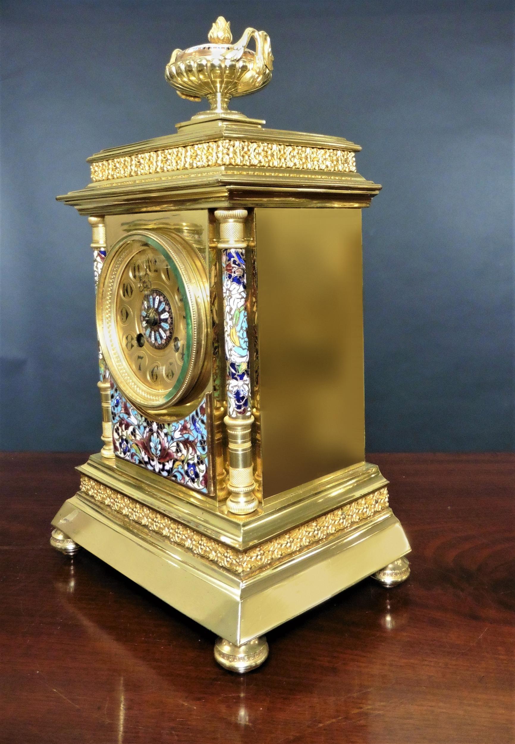 French Gilt Champleve Decorated Clock Garniture In Good Condition For Sale In Norwich, GB