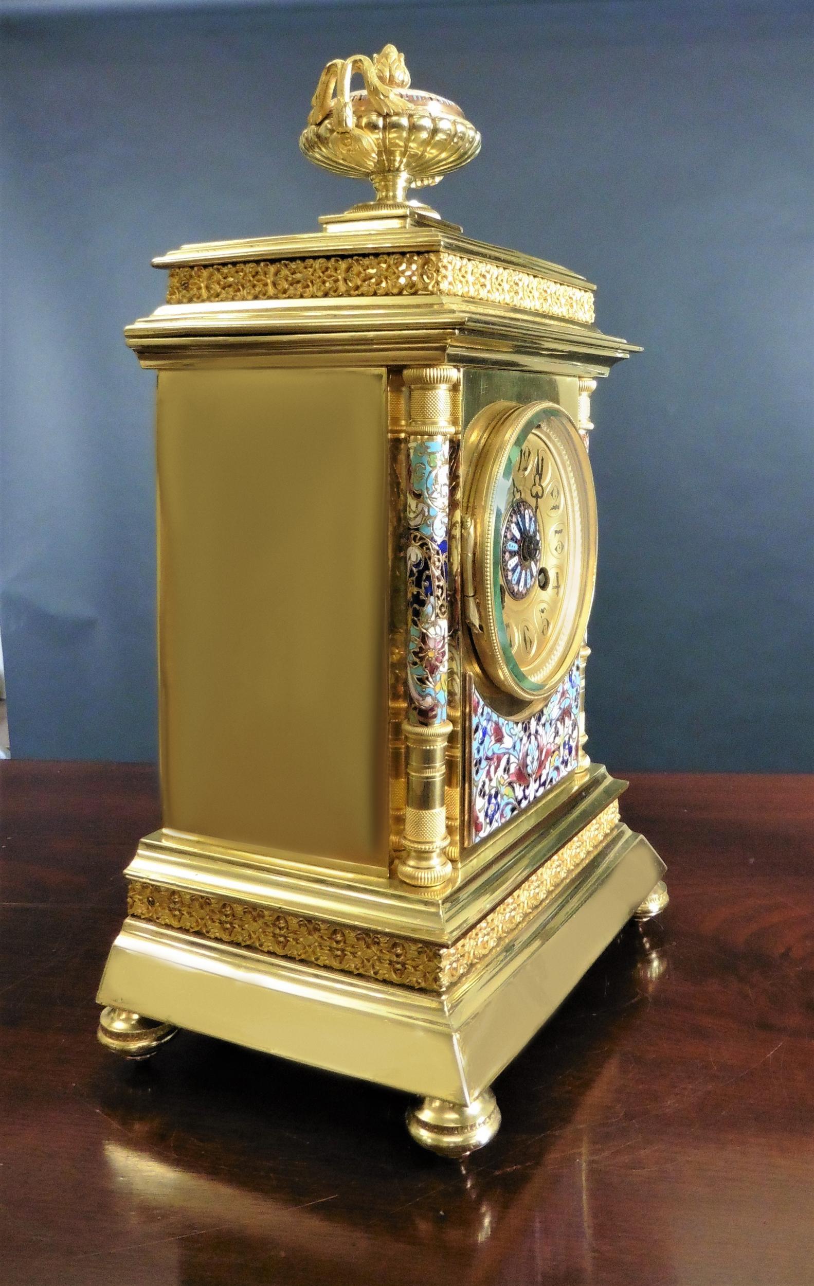 French Gilt Champleve Decorated Clock Garniture For Sale 1