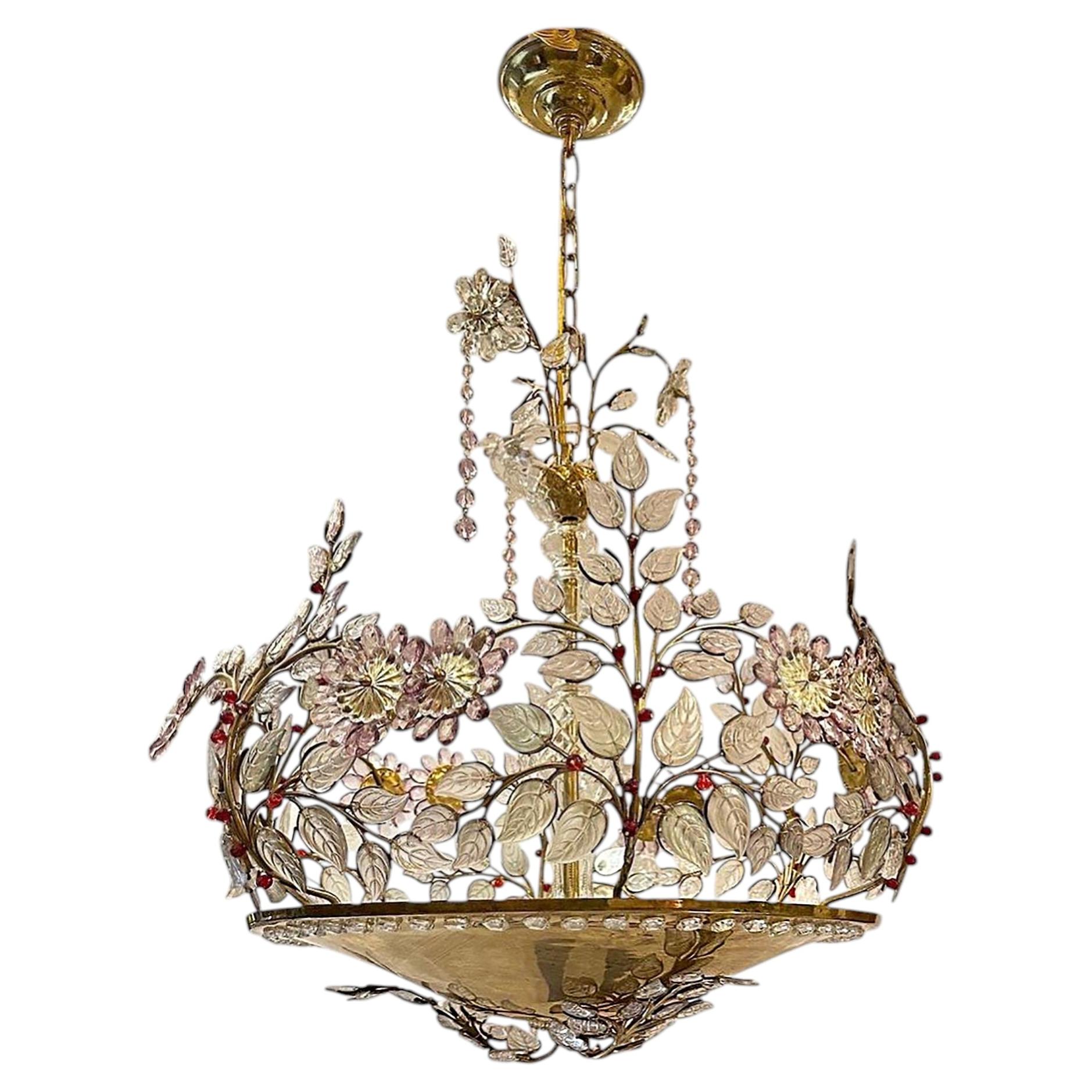 French Gilt Chandelier with Amethyst Flowers and Molded Glass Leaves