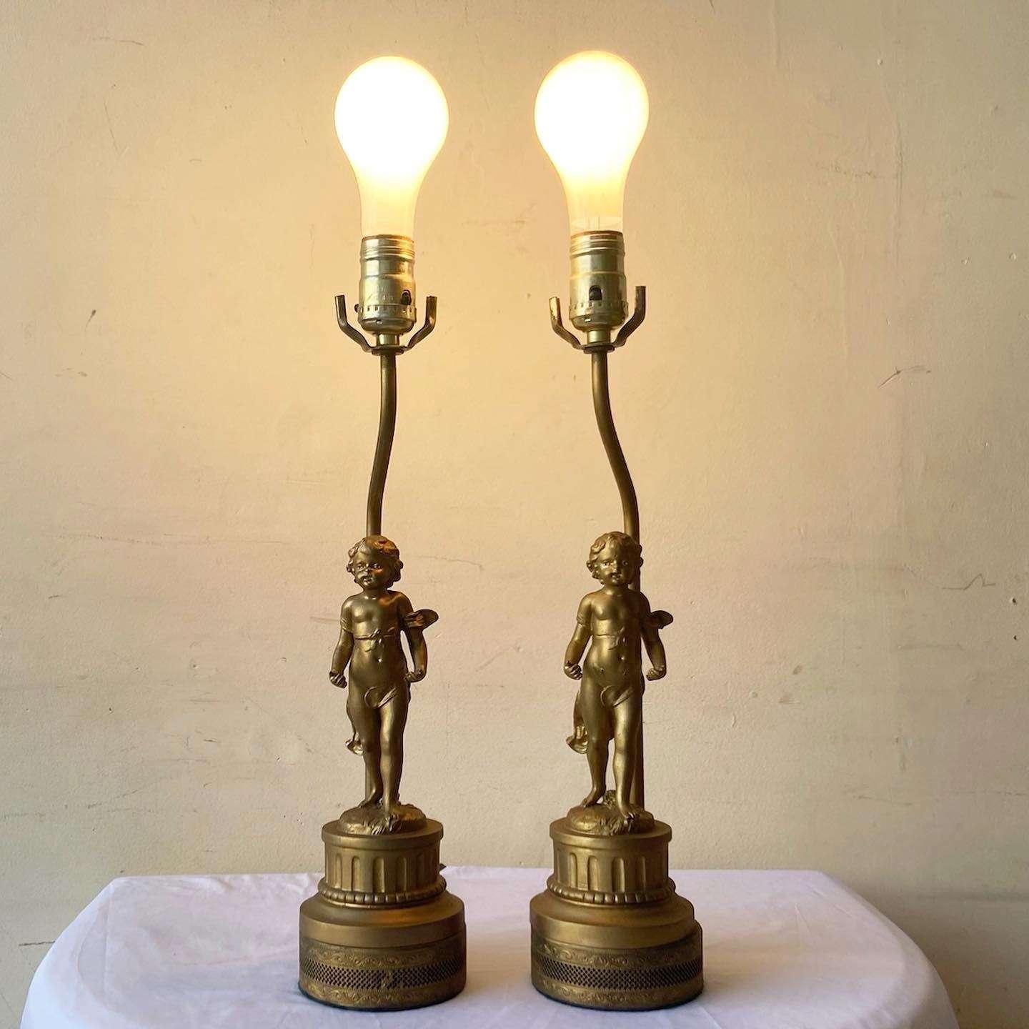 French Gilt Cherub Figural Torch Table Lamps - a Pair In Good Condition For Sale In Delray Beach, FL