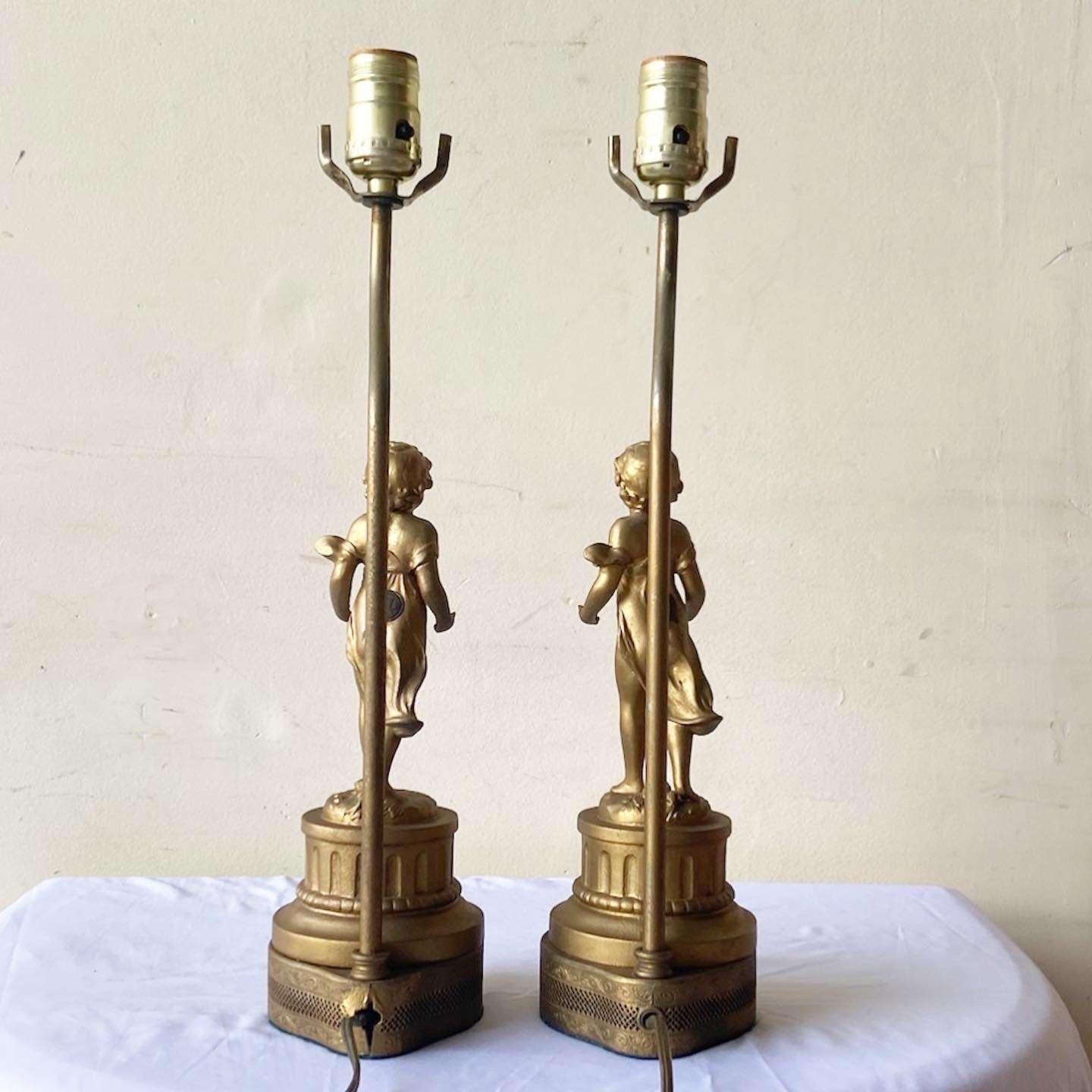 French Gilt Cherub Figural Torch Table Lamps - a Pair For Sale 2