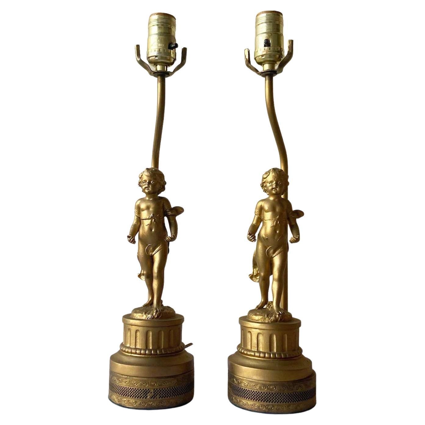 French Gilt Cherub Figural Torch Table Lamps - a Pair For Sale