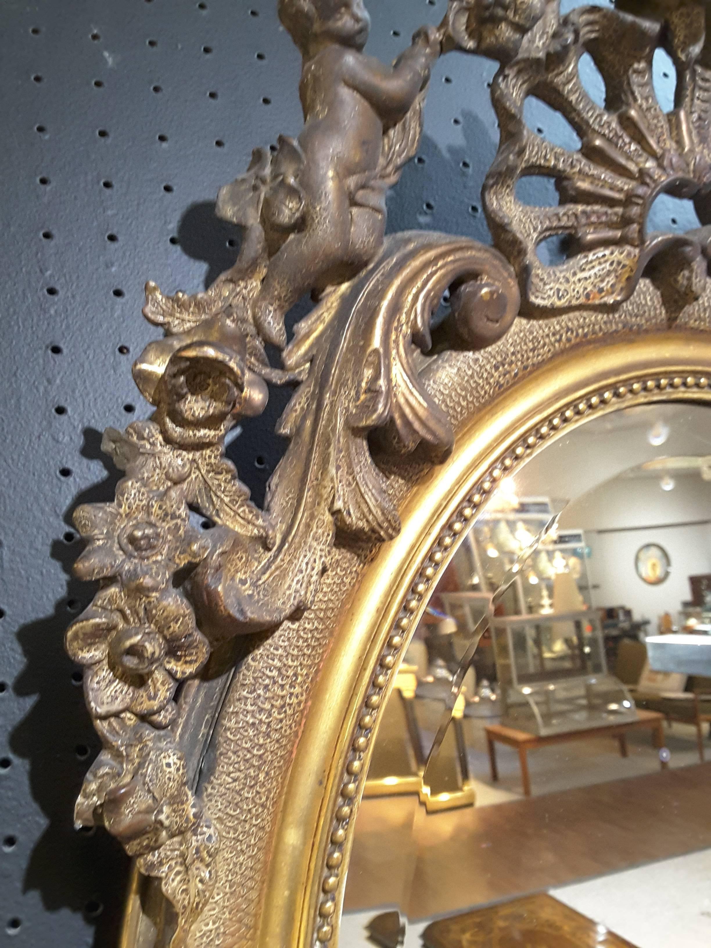 French Gilt Cherub Oval Bevelled Mirror, 19th Century 4