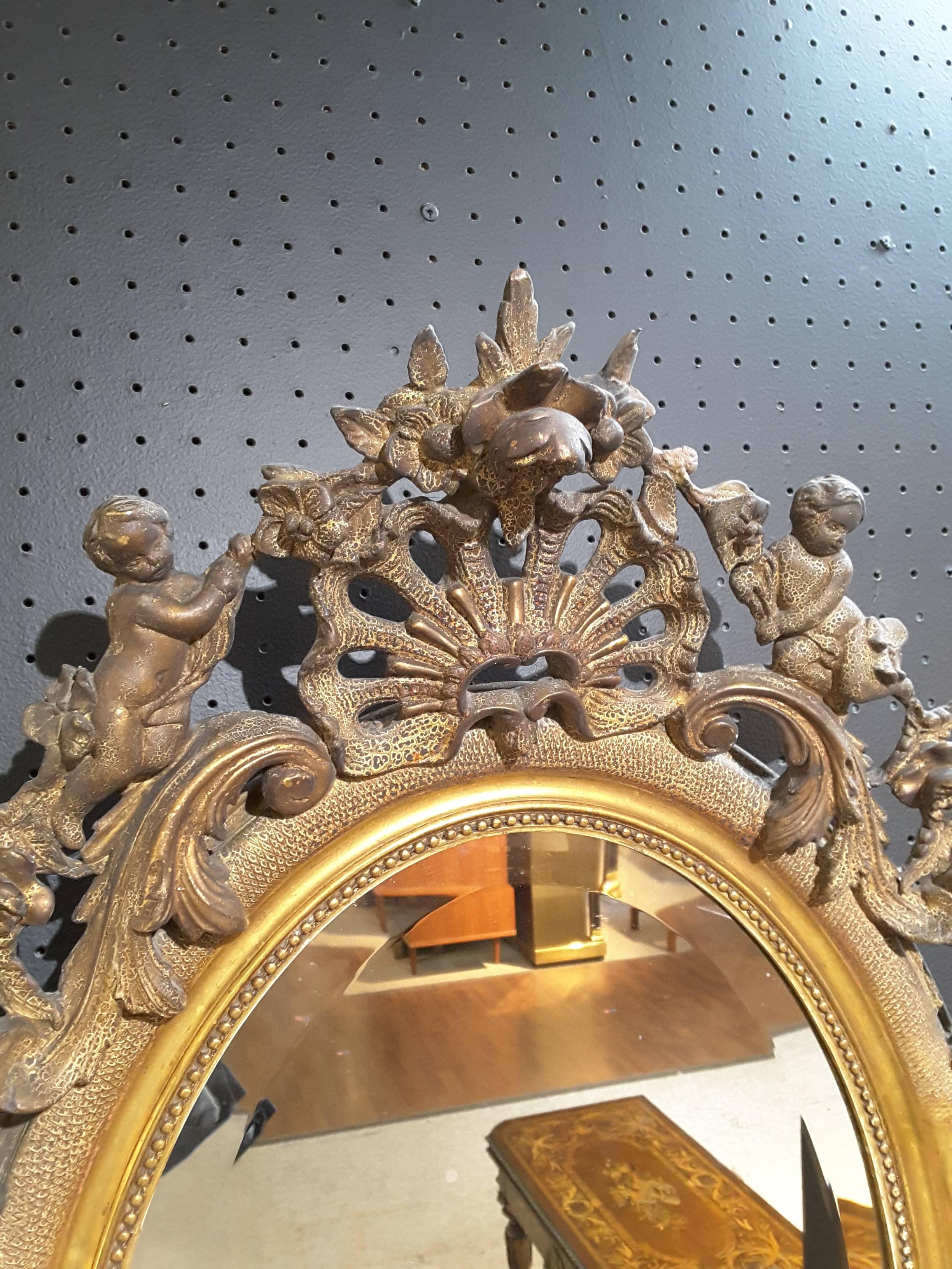 French Gilt Cherub Oval Bevelled Mirror, 19th Century 11