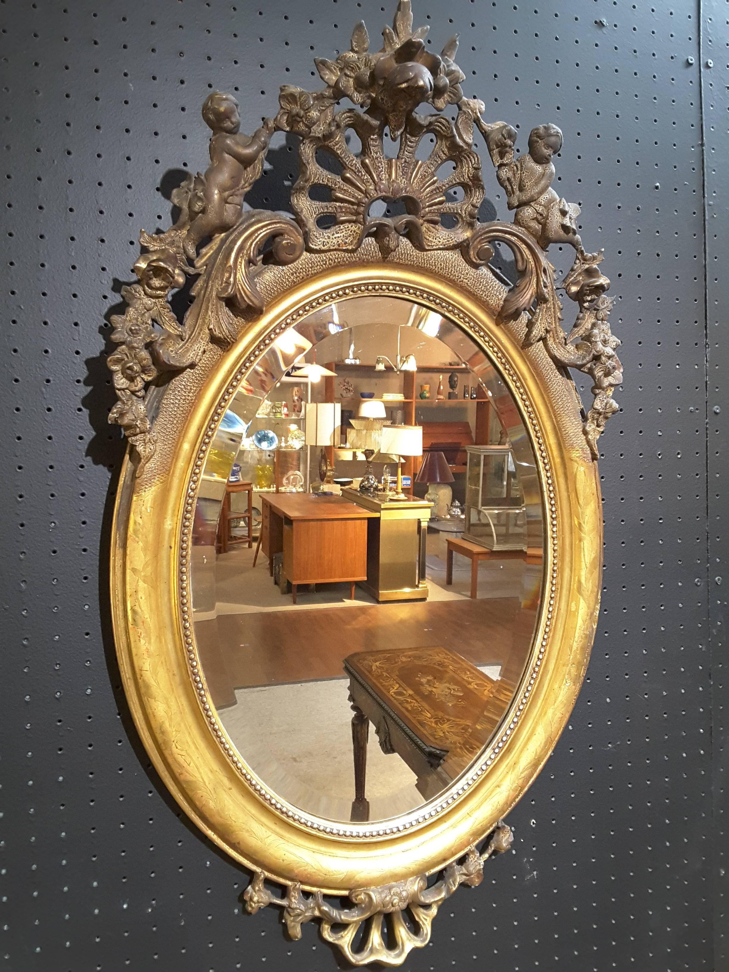 Wood French Gilt Cherub Oval Bevelled Mirror, 19th Century