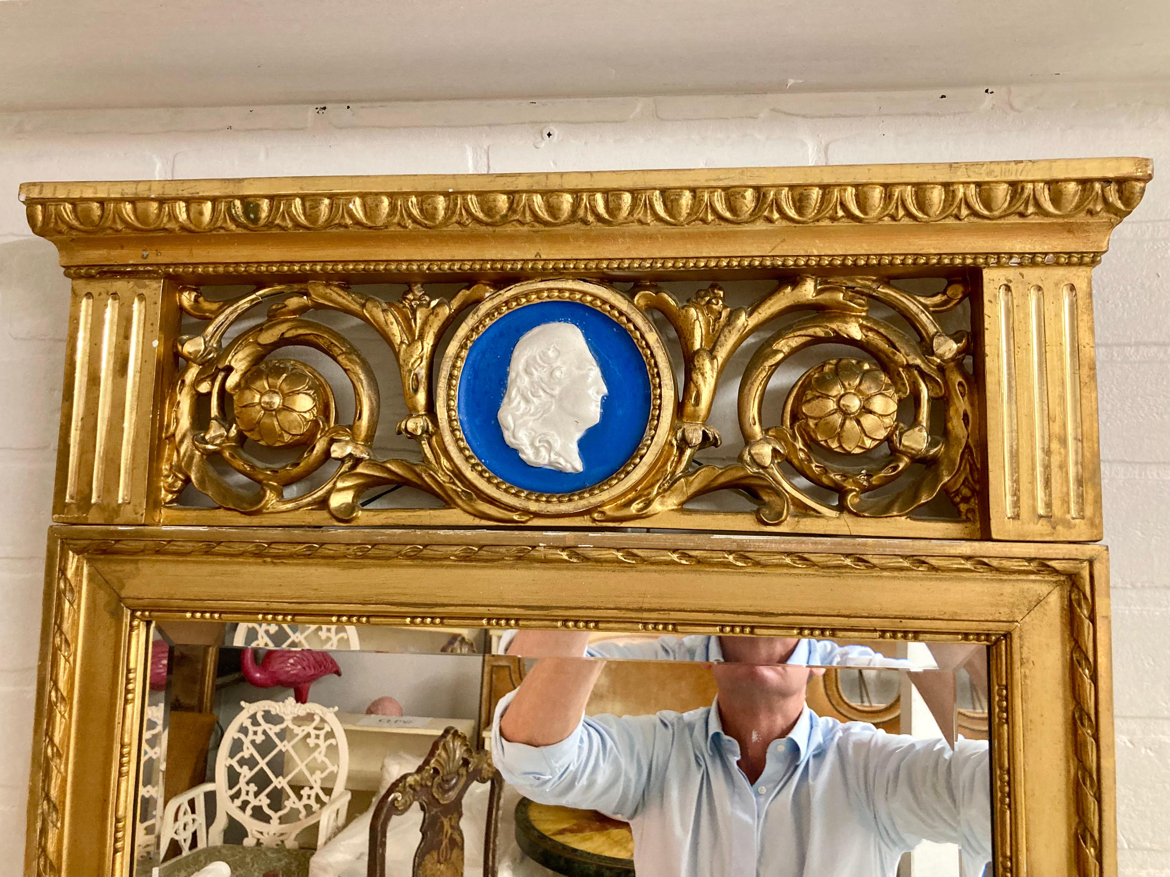 French Provincial French Gilt Classical Mirror With Wedgewood Style Plaque For Sale