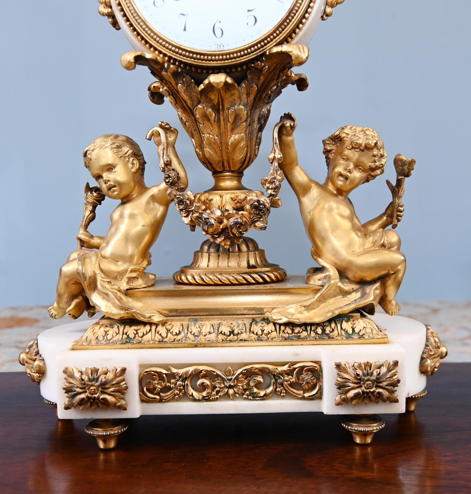 French Gilt Clock Set Garniture Cherub Candelabras Louis XV For Sale 5