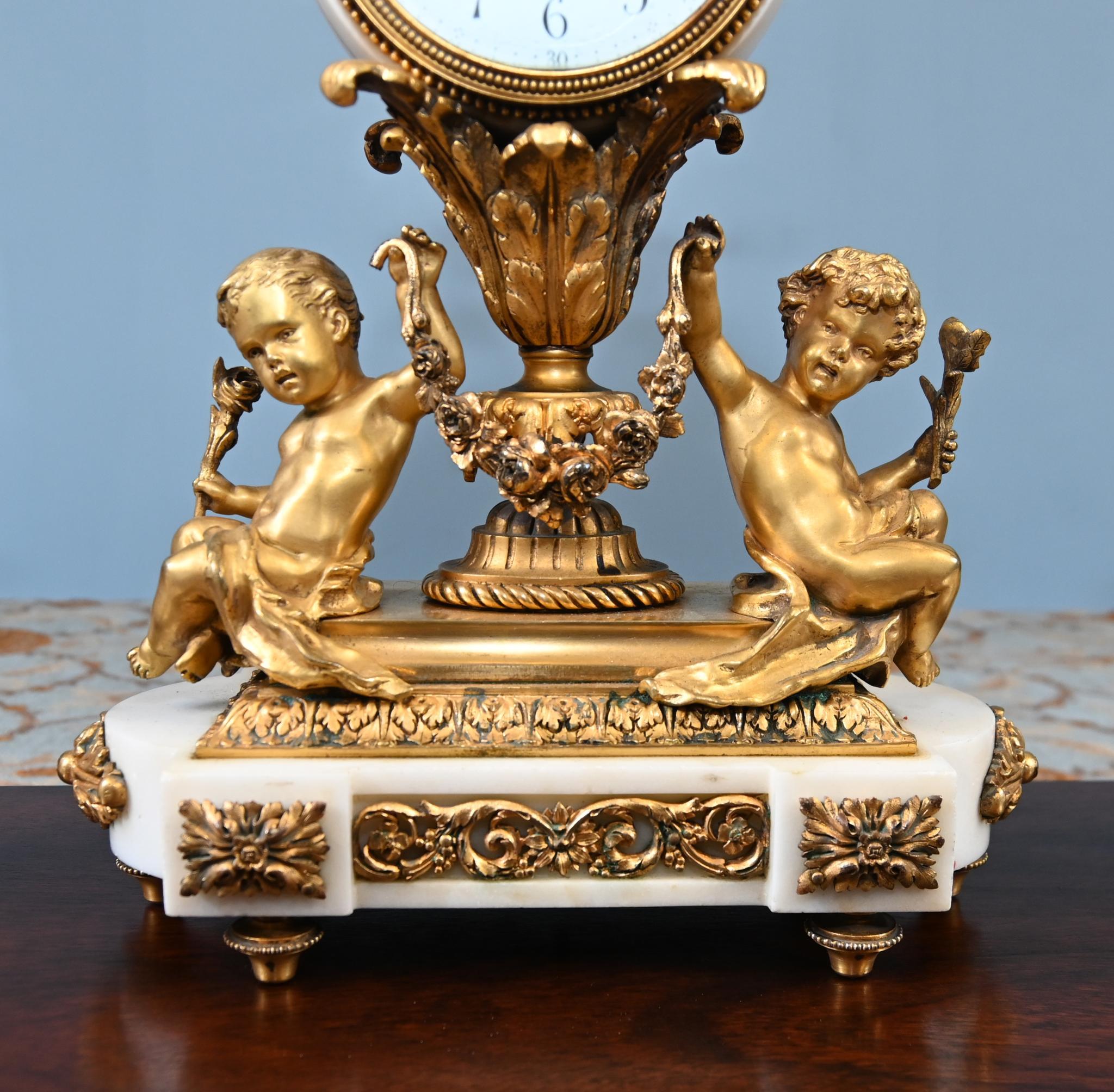 French Gilt Clock Set Garniture Cherub Candelabras Louis XV For Sale 8