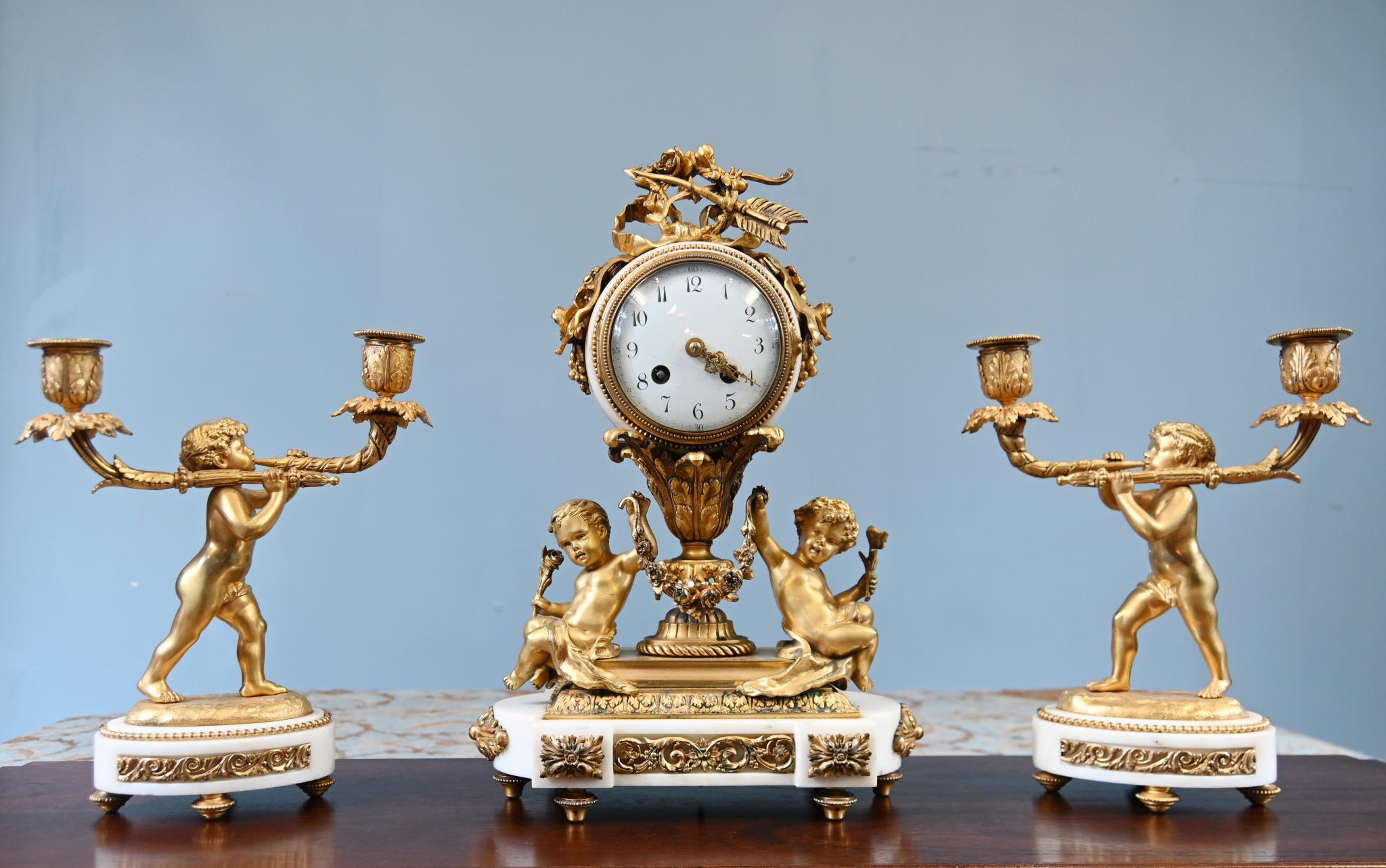 French Gilt Clock Set Garniture Cherub Candelabras Louis XV For Sale 9