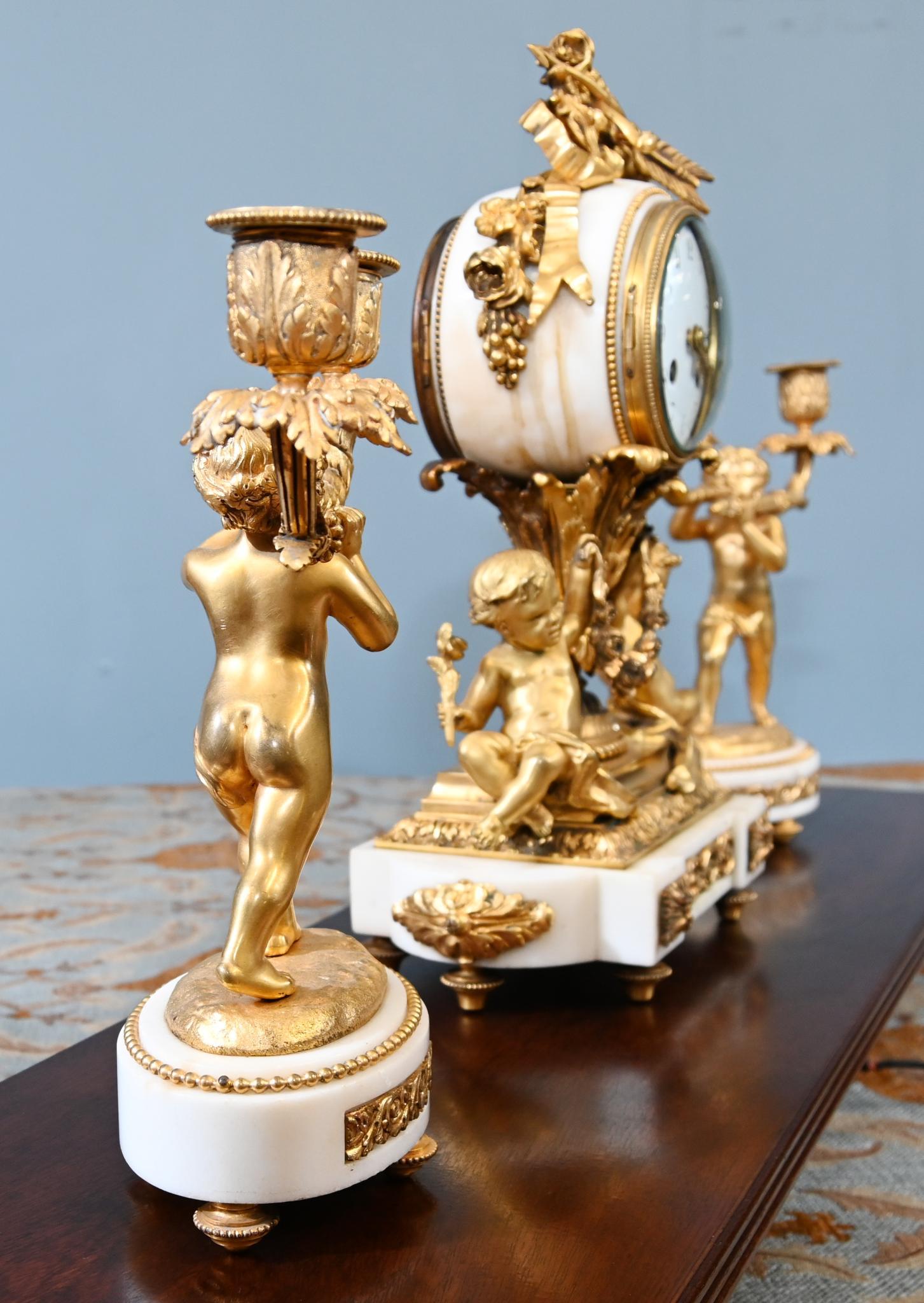 French Gilt Clock Set Garniture Cherub Candelabras Louis XV In Good Condition For Sale In Potters Bar, GB