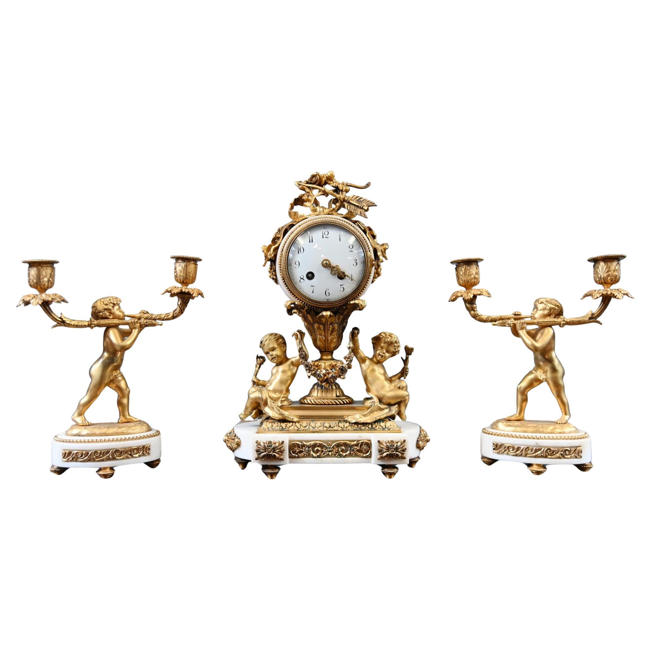 French Gilt Clock Set Garniture Cherub Candelabras Louis XV
