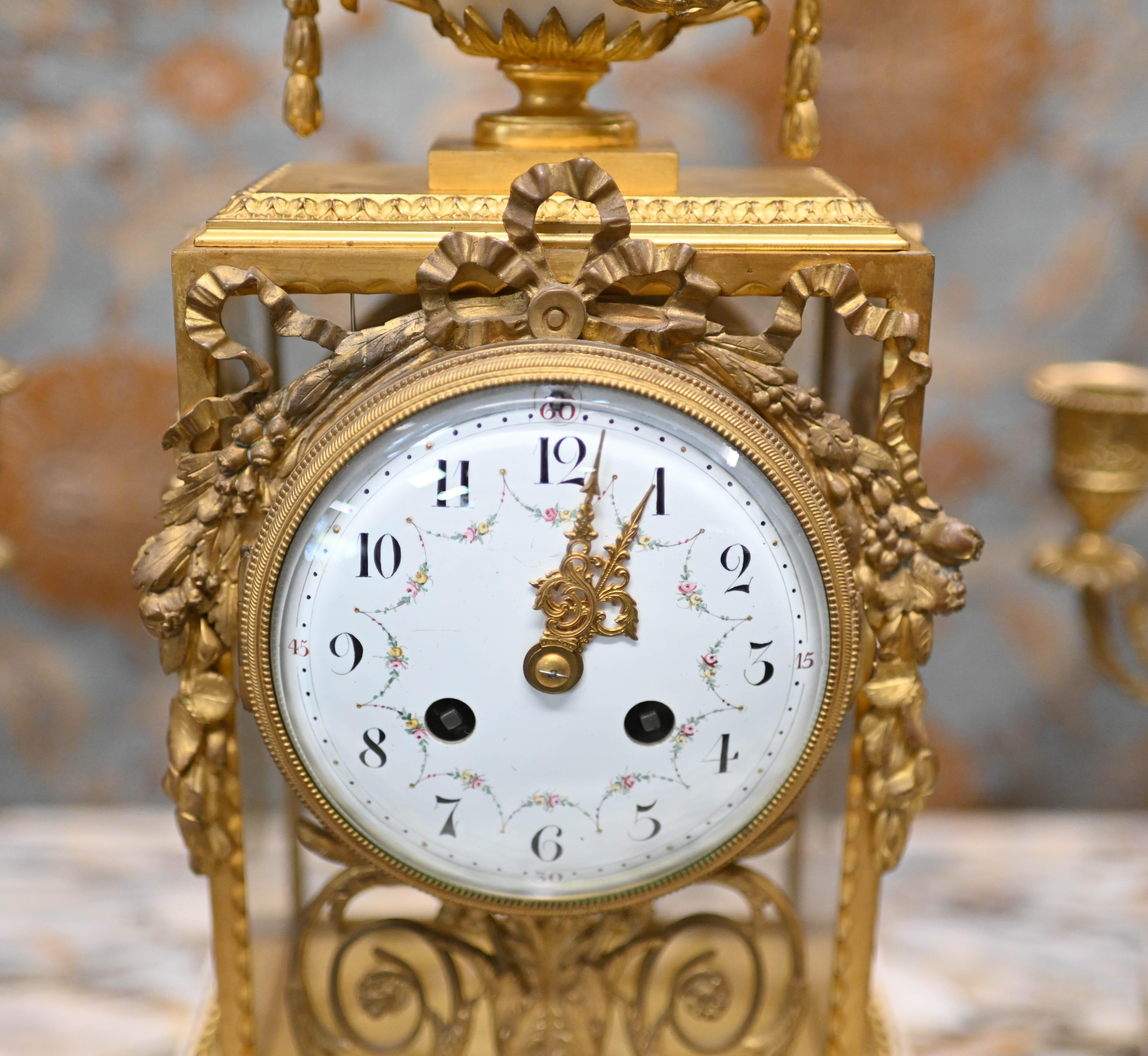 French Provincial French Gilt Clock Set Garniture Marble Gilt