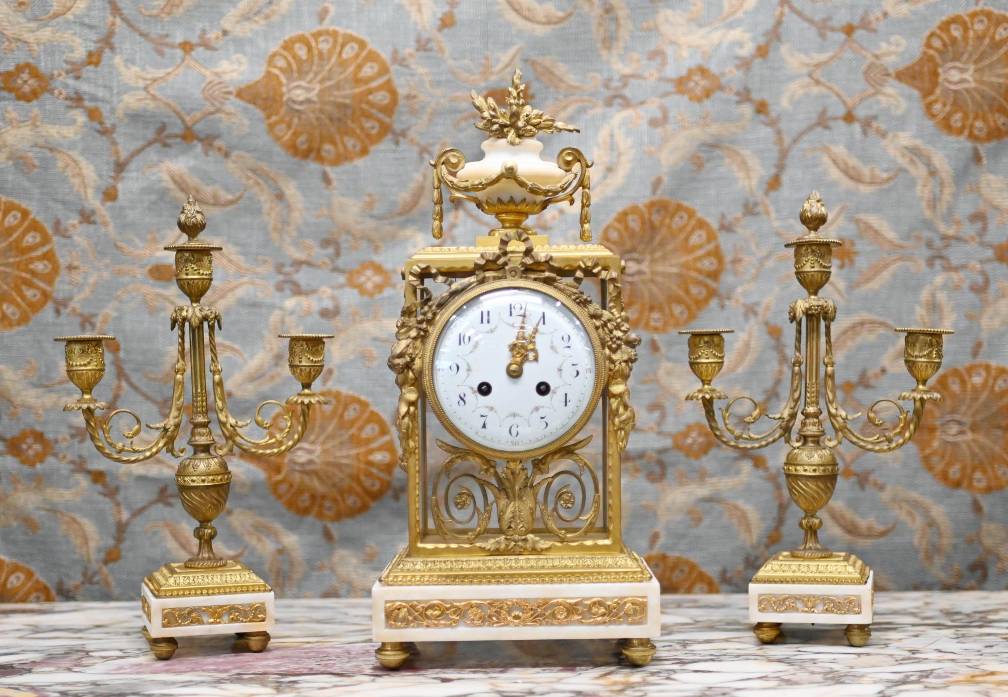 French Gilt Clock Set Garniture Marble Gilt 1