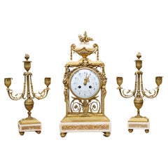 French Gilt Clock Set Garniture Marble Gilt
