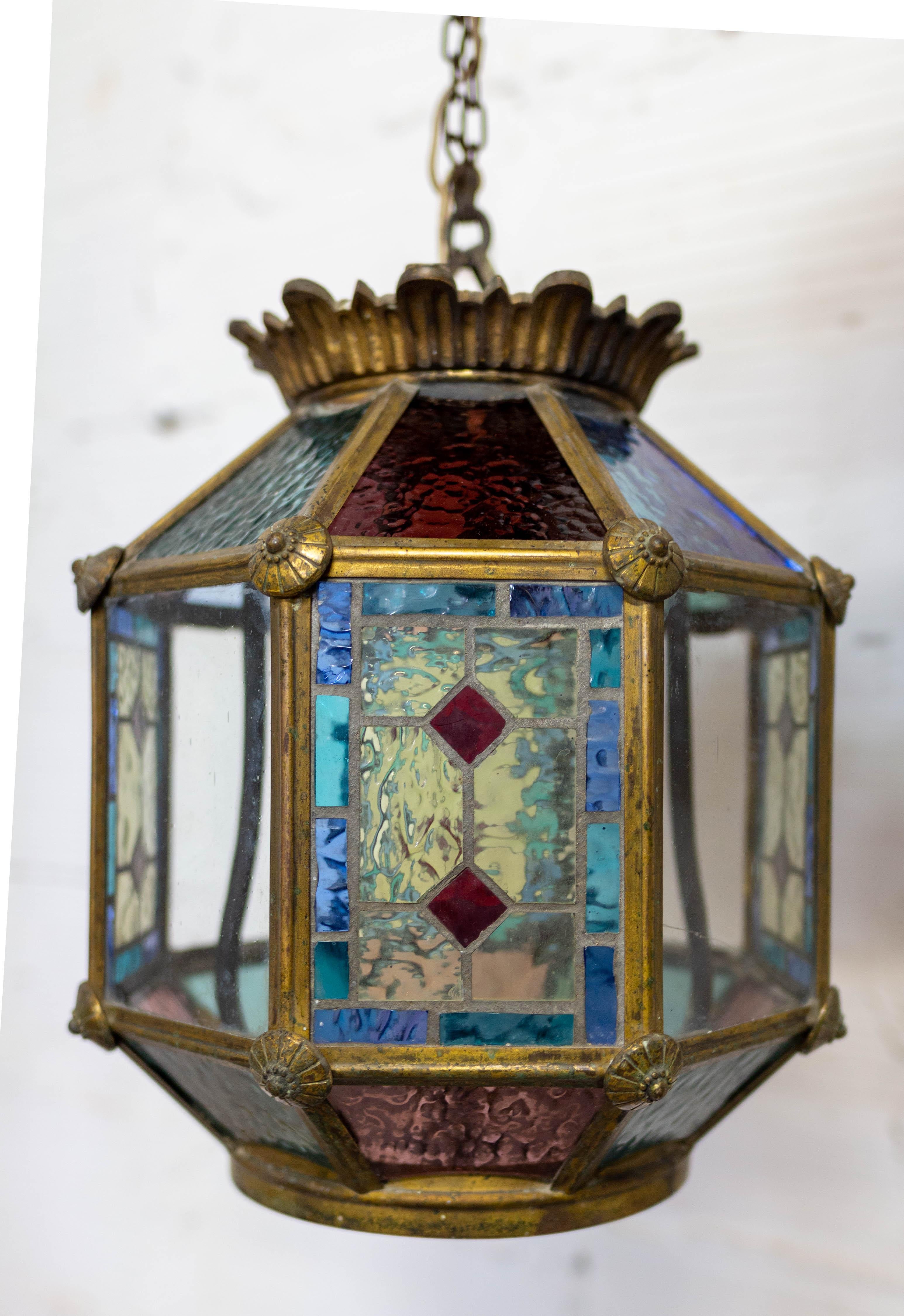 Napoleon III French Gilt Copper and Glass Pendant Light with Vitrail Facets