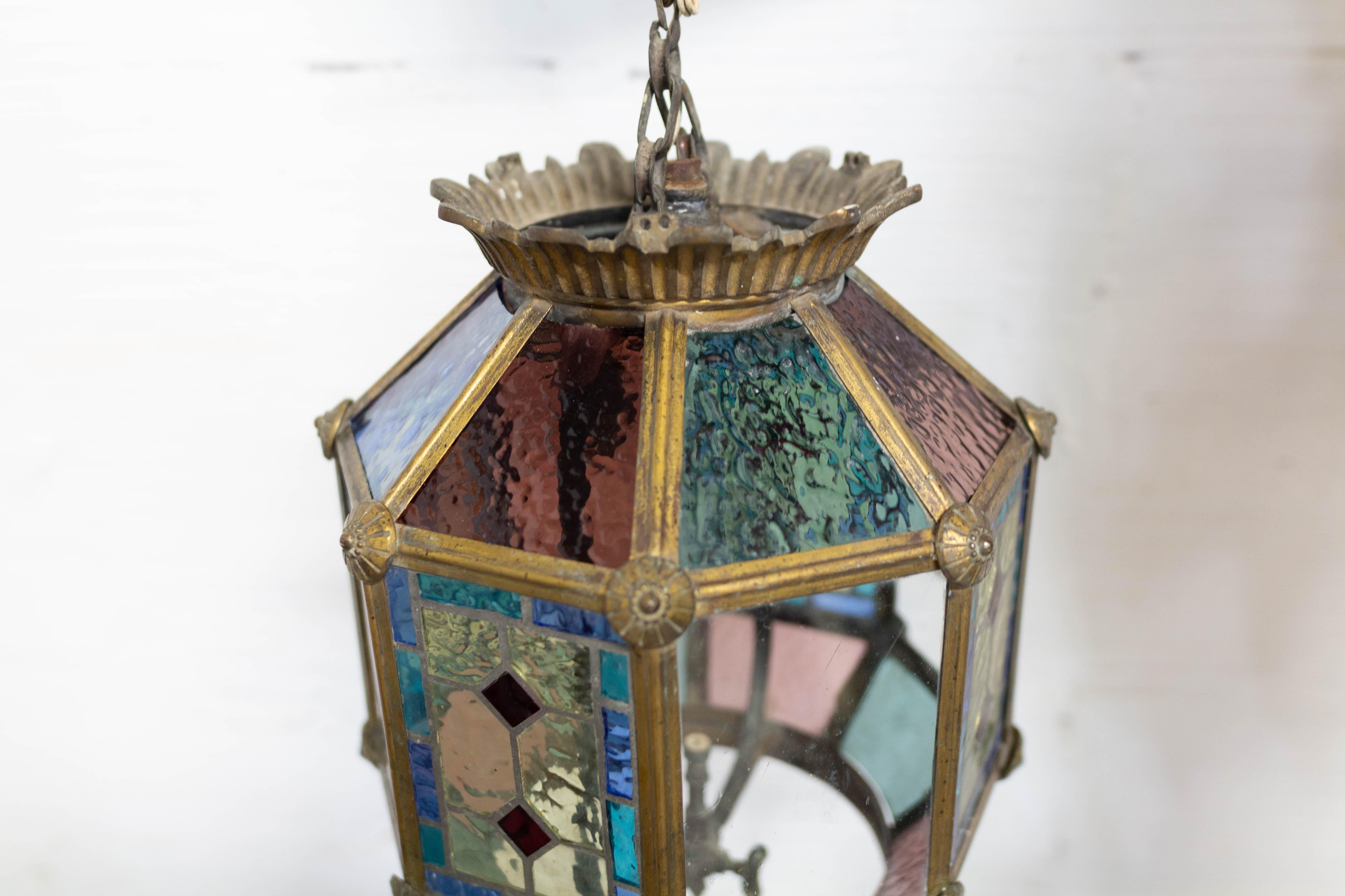 19th Century French Gilt Copper and Glass Pendant Light with Vitrail Facets