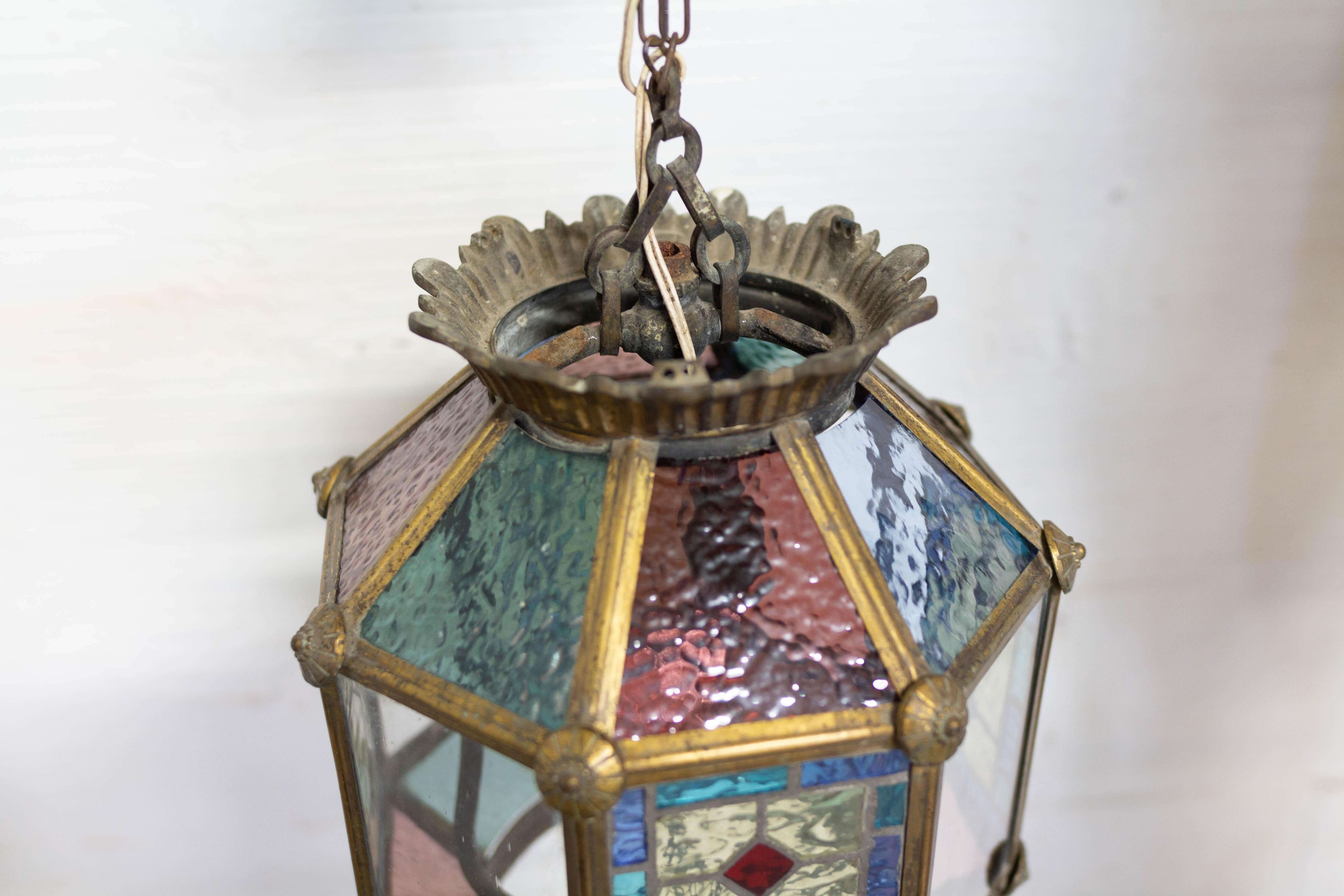 Art Glass French Gilt Copper and Glass Pendant Light with Vitrail Facets