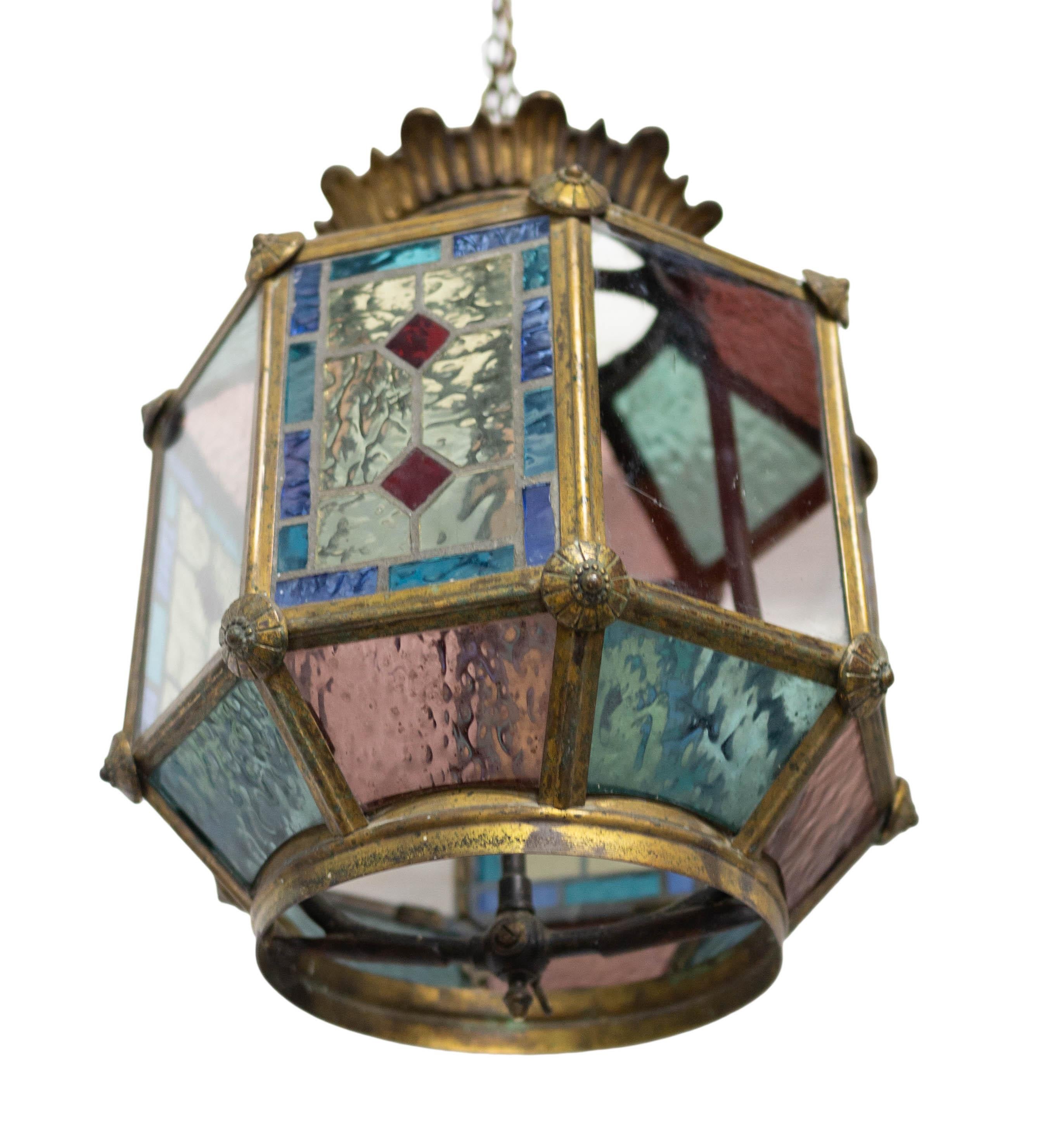 French Gilt Copper and Glass Pendant Light with Vitrail Facets 2