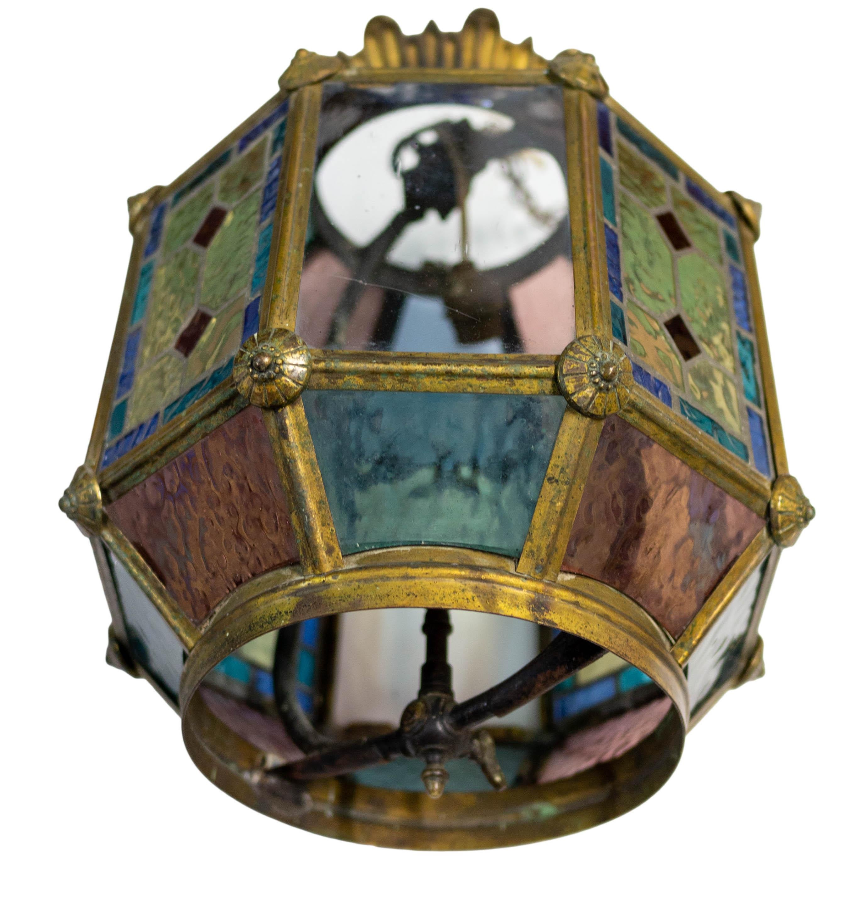 French Gilt Copper and Glass Pendant Light with Vitrail Facets 3