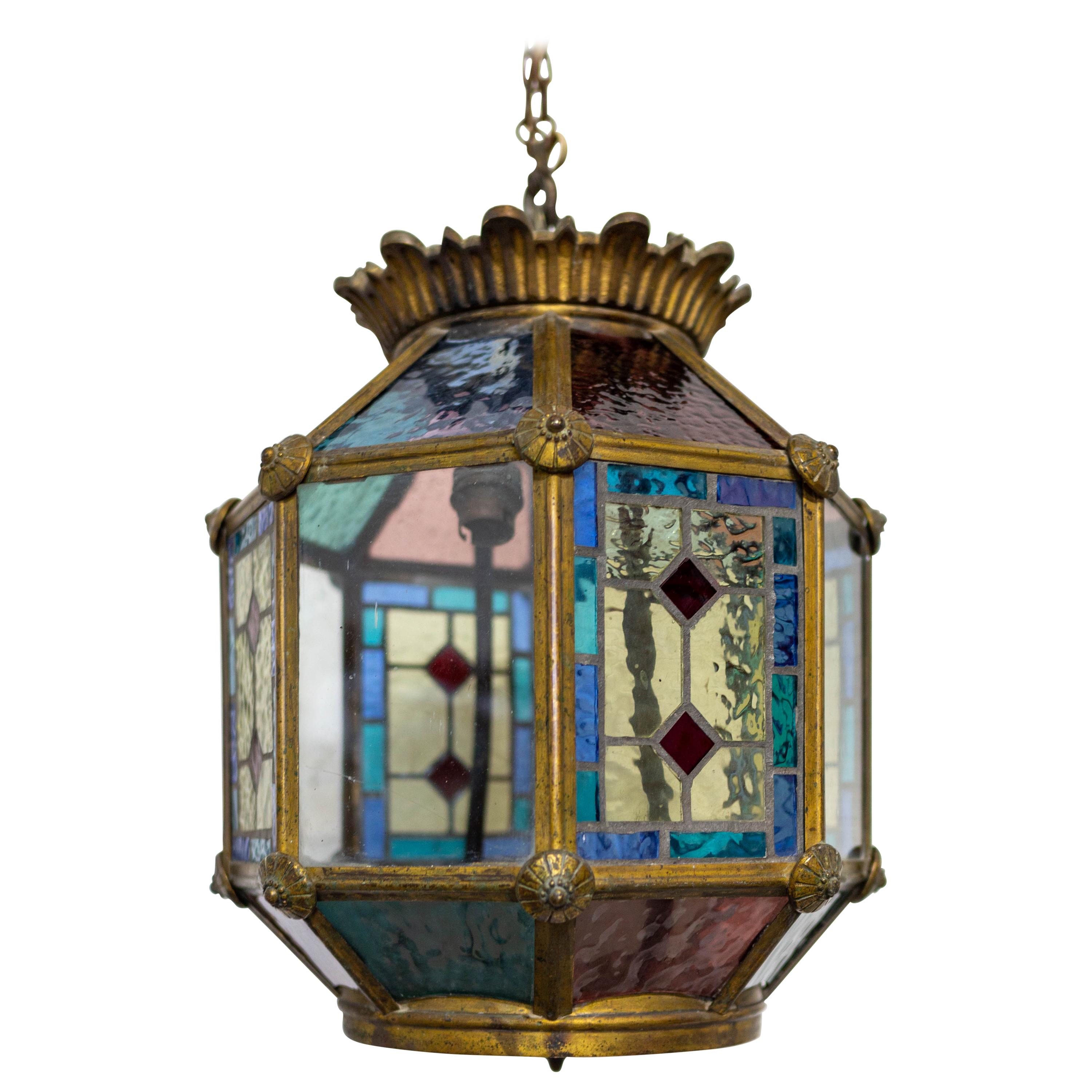 French Gilt Copper and Glass Pendant Light with Vitrail Facets
