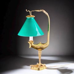 French Gilt Eagle Table Lamp with Emerald-Green Glass Shade, 18.1in