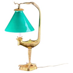French Gilt Eagle Table Lamp with Emerald-Green Glass Shade, 18.1in