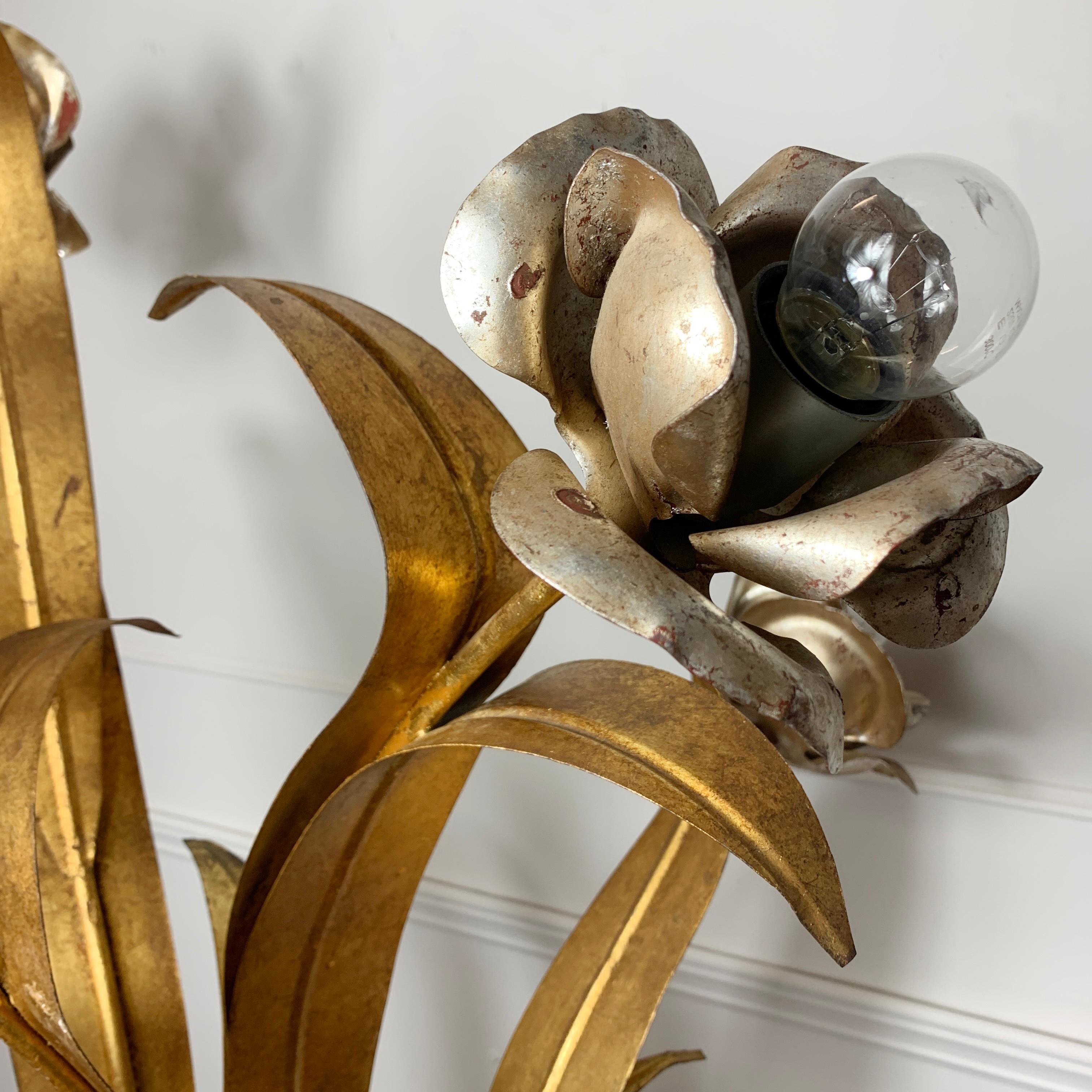 20th Century French Gold and Silver Flower Floor Lamp with Turned Wooden Base, circa 1960s For Sale