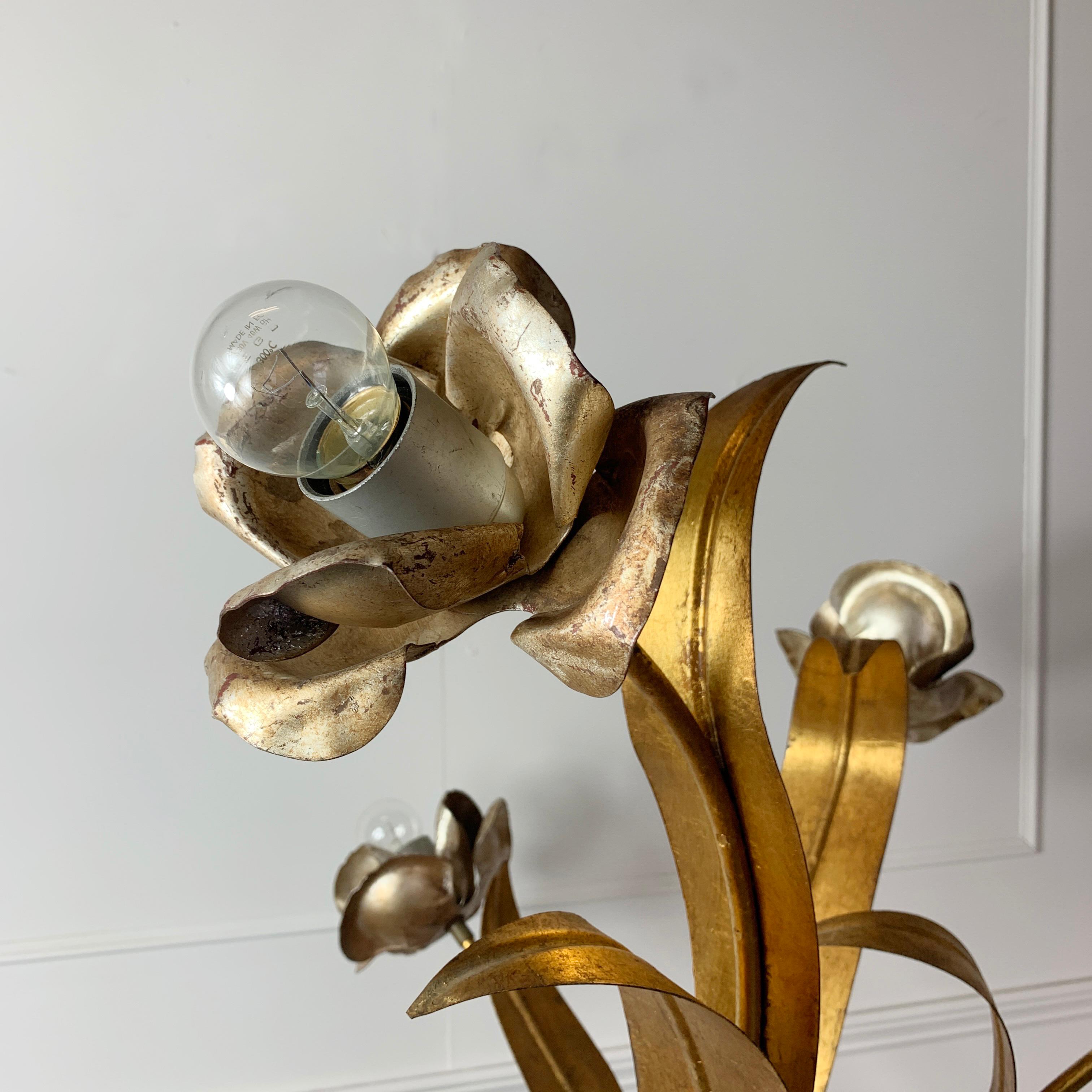 Metal French Gold and Silver Flower Floor Lamp with Turned Wooden Base, circa 1960s