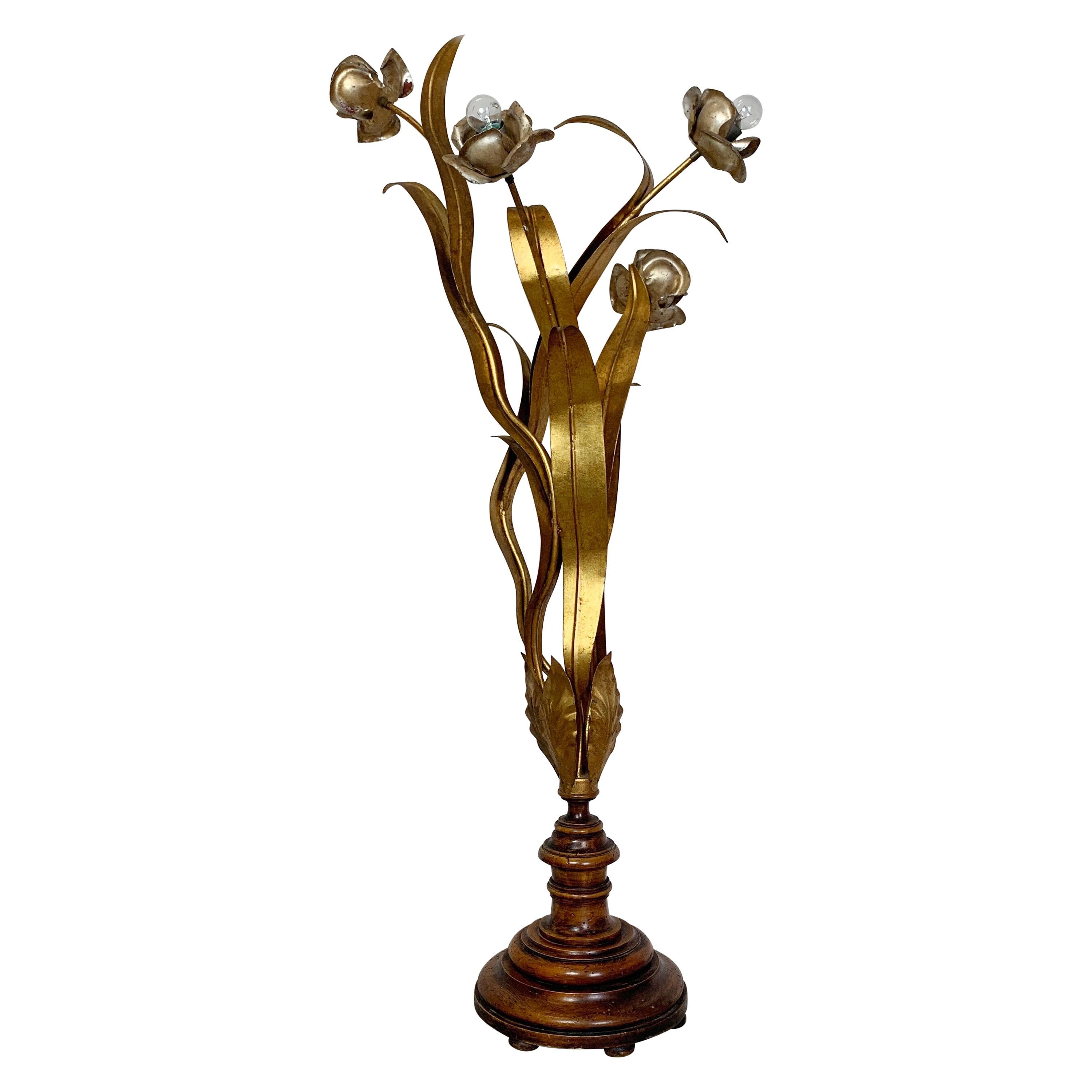 French Gold and Silver Flower Floor Lamp with Turned Wooden Base, circa 1960s