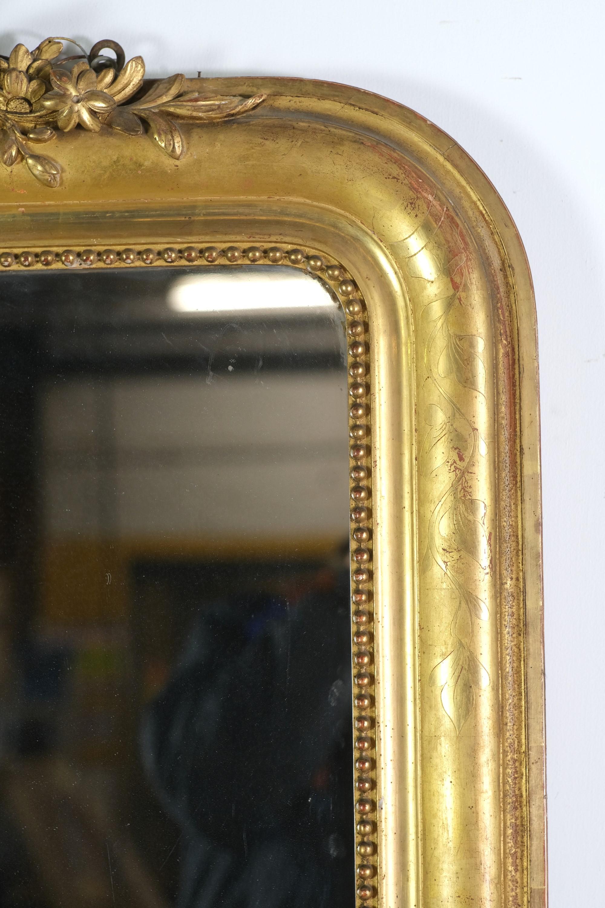 French Gilt Gesso + Carved Wood Wall Distressed Mirror In Good Condition In New York, NY