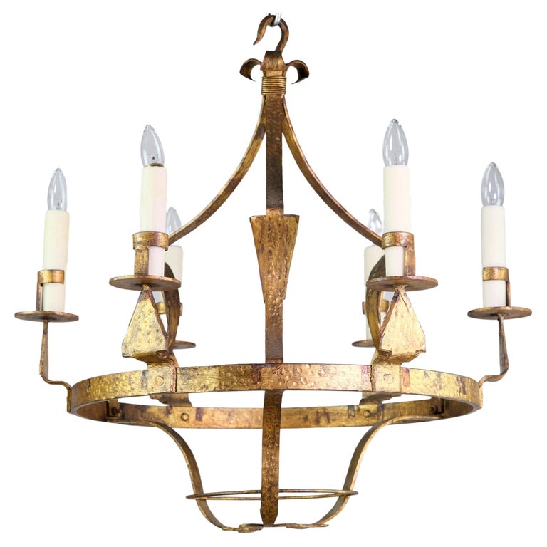 French Gilt Hand Hammered Wrought Iron Chandelier Restored 6 Arms For