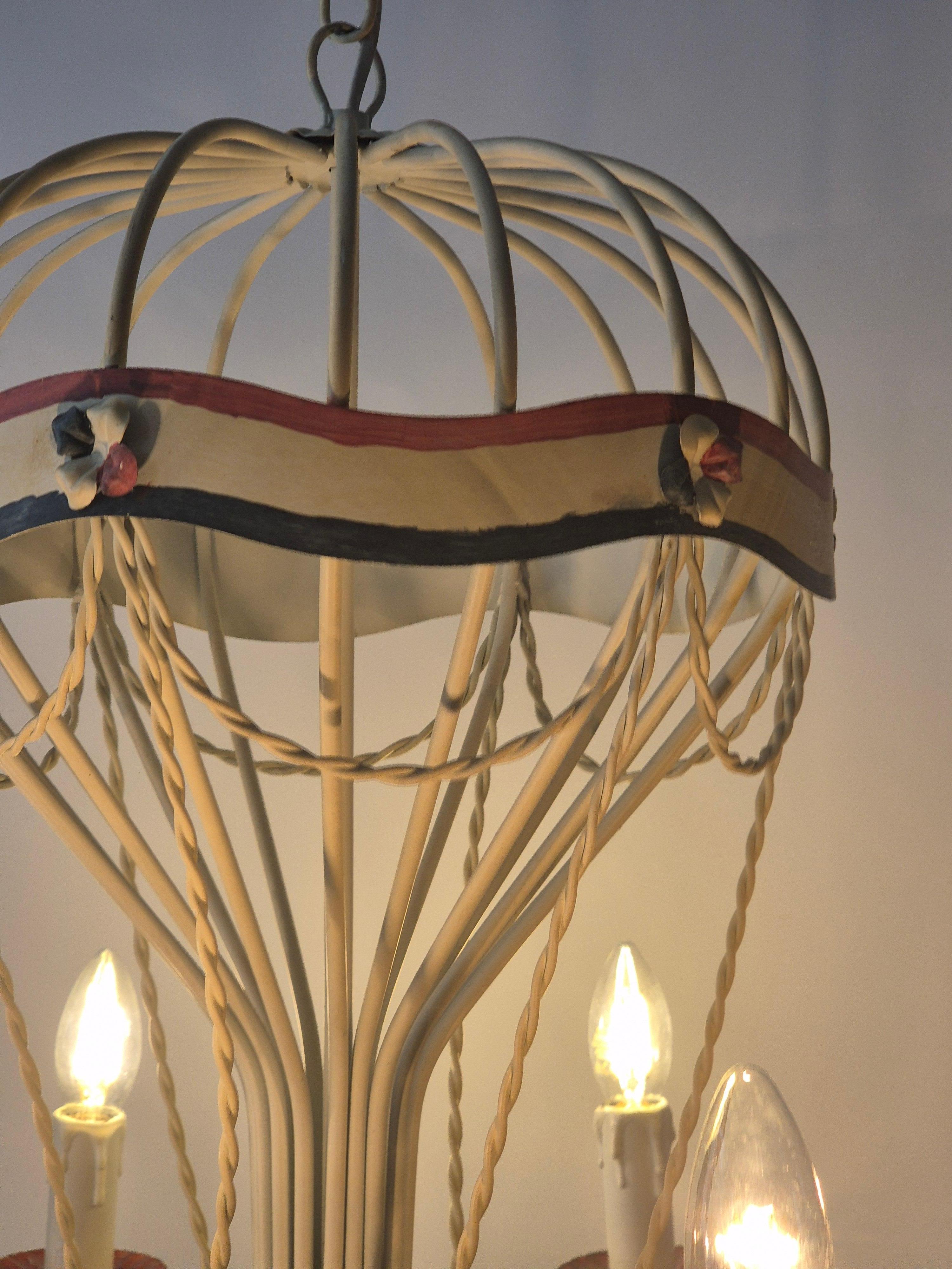 French Provincial French Gilt Iron and Painted Tôle  Hot Air Balloon Chandelier, Mid-20th Century For Sale