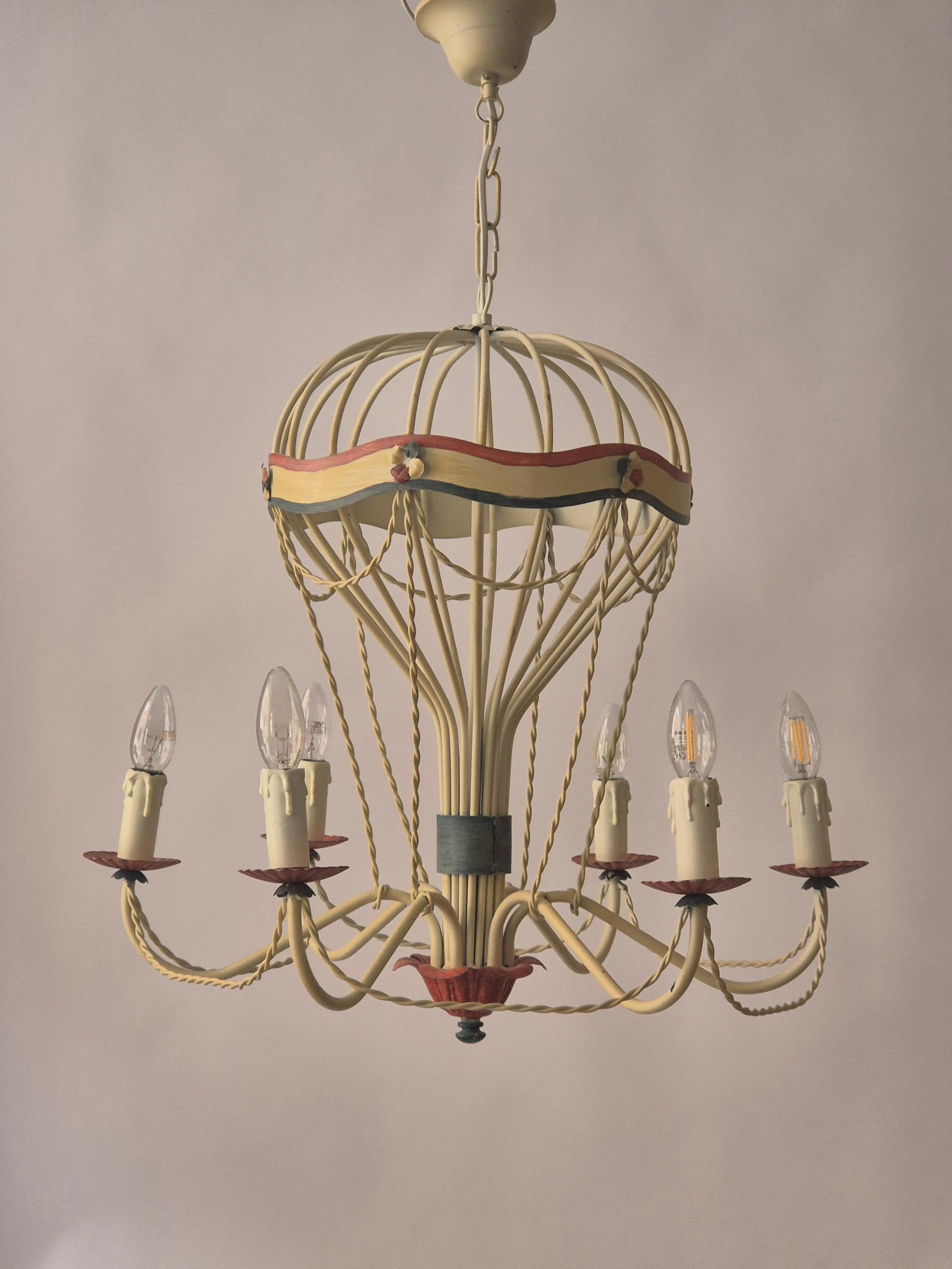 French Gilt Iron and Painted Tôle  Hot Air Balloon Chandelier, Mid-20th Century For Sale 3