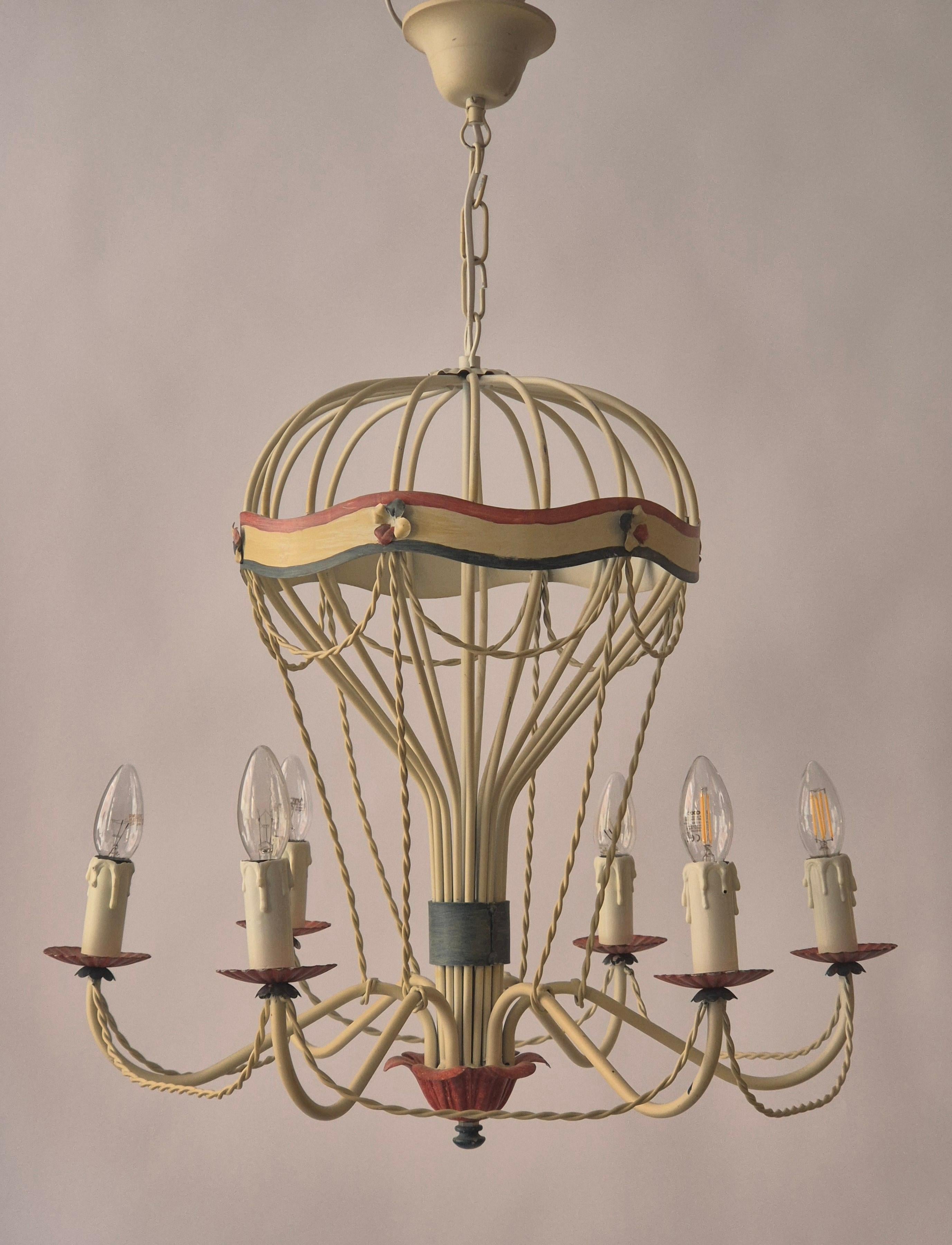 French Gilt Iron and Painted Tôle  Hot Air Balloon Chandelier, Mid-20th Century For Sale 4
