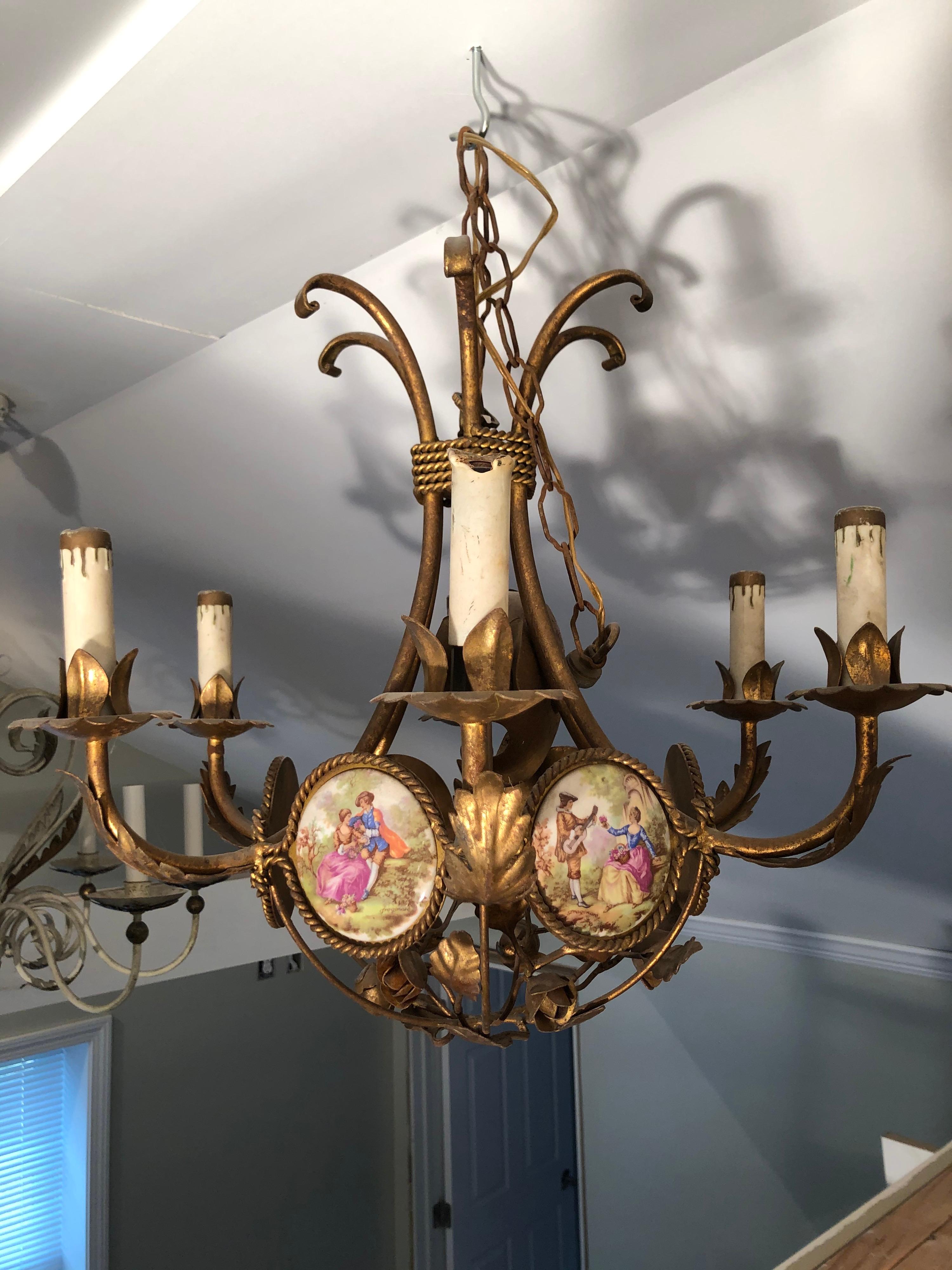 French Gilt Iron Chandelier with Porcelain Genre Scene Panels 4