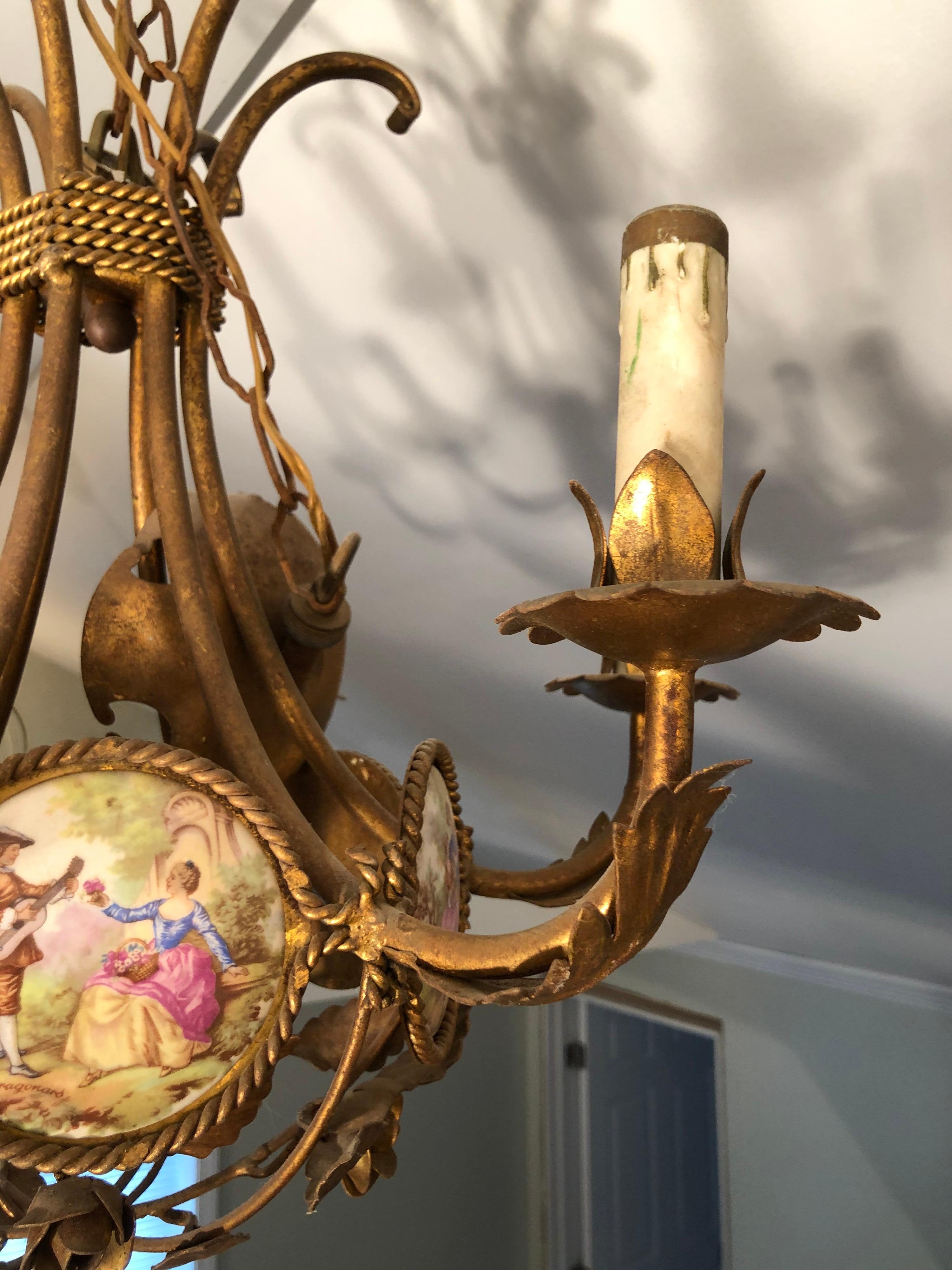 French Gilt Iron Chandelier with Porcelain Genre Scene Panels 5
