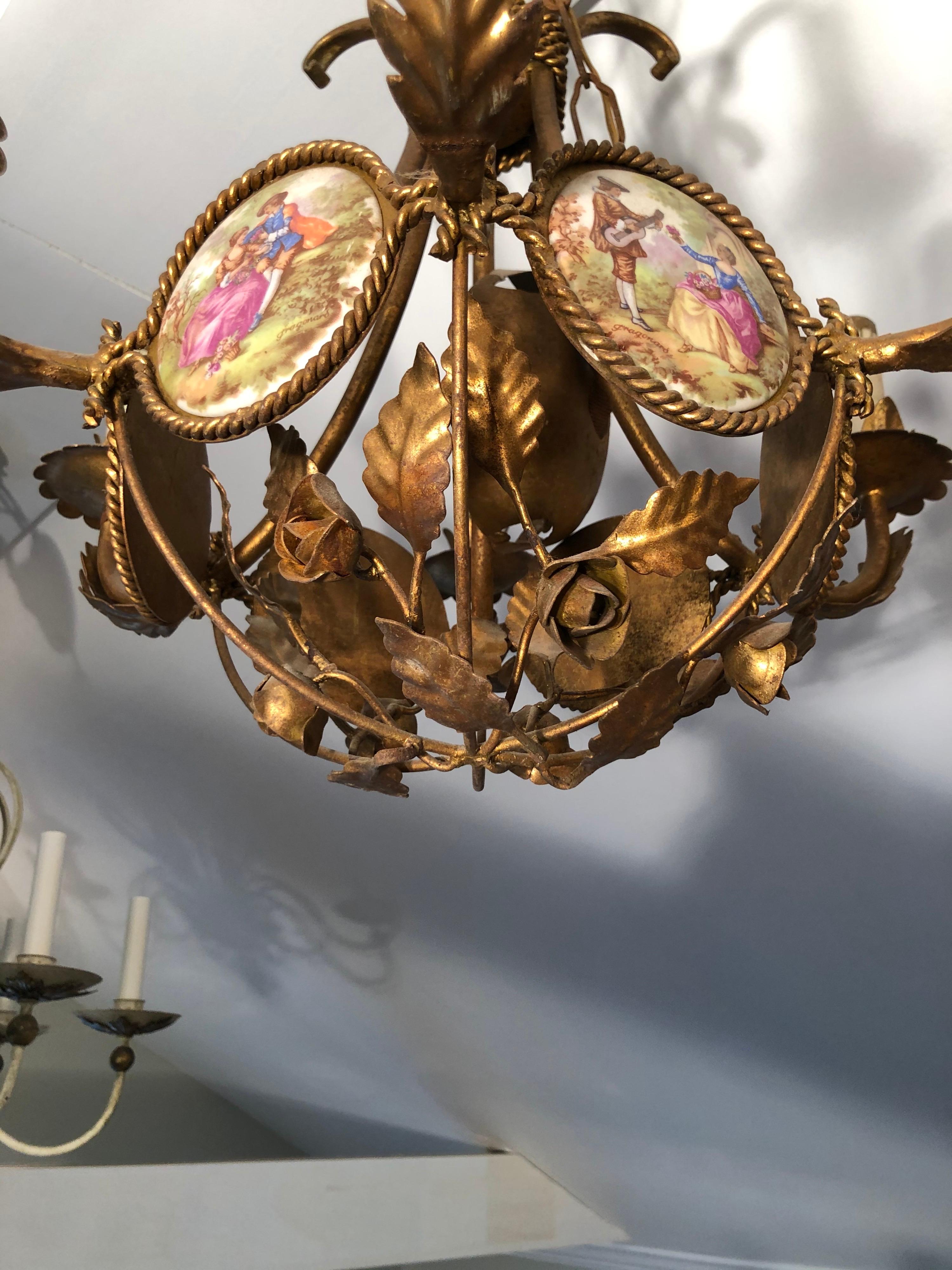 French Gilt Iron Chandelier with Porcelain Genre Scene Panels 6