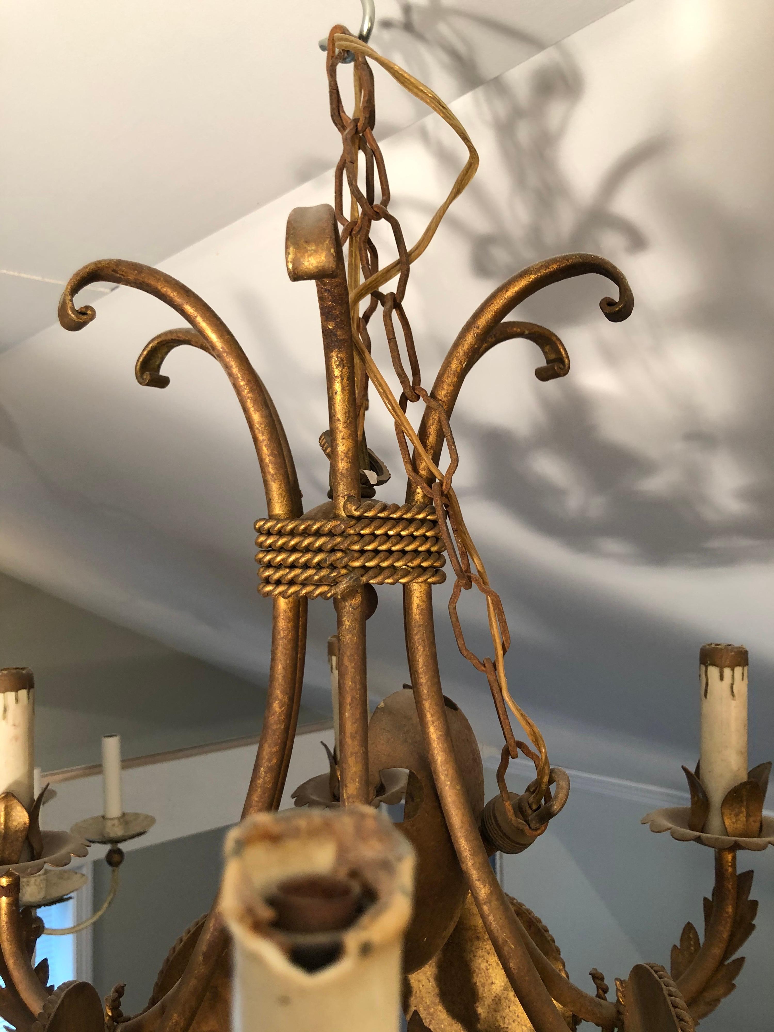 French Gilt Iron Chandelier with Porcelain Genre Scene Panels 9