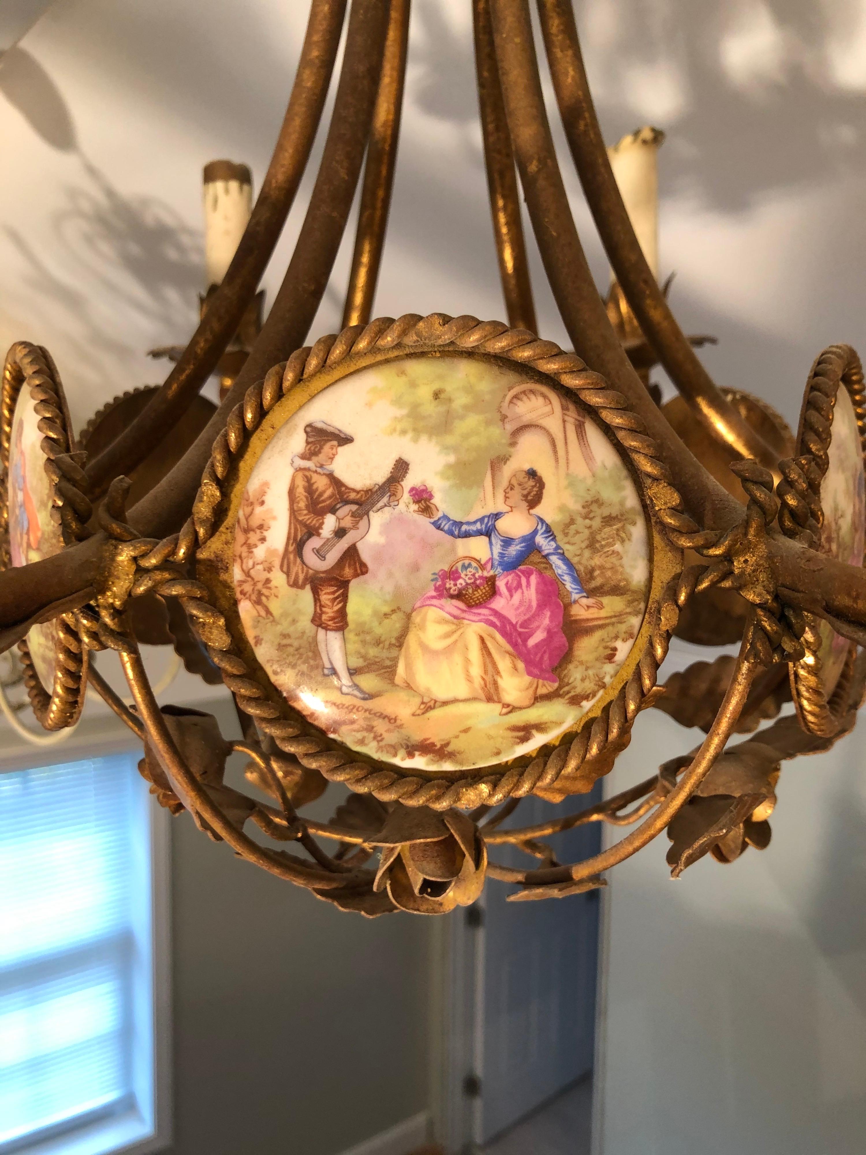 French Gilt Iron Chandelier with Porcelain Genre Scene Panels 12