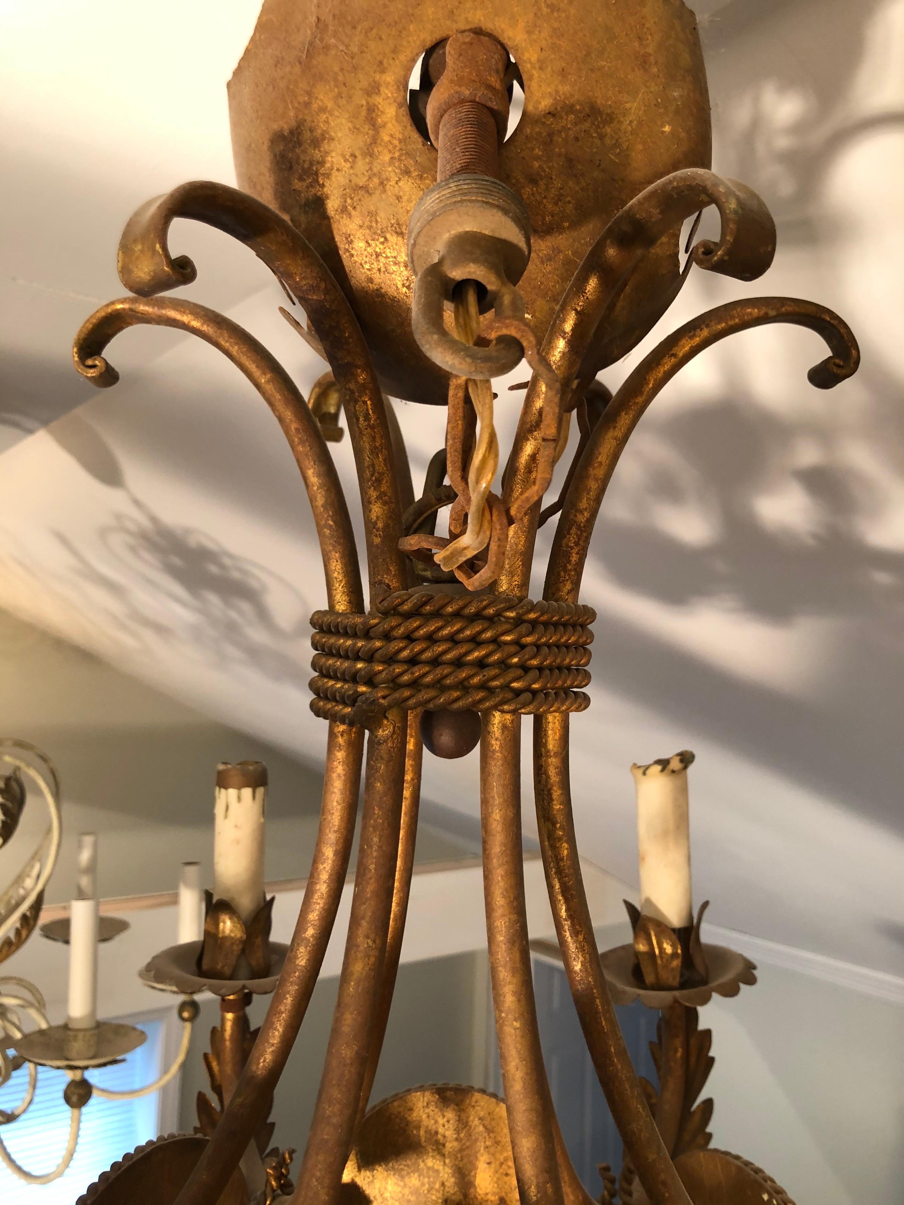 French Gilt Iron Chandelier with Porcelain Genre Scene Panels 13
