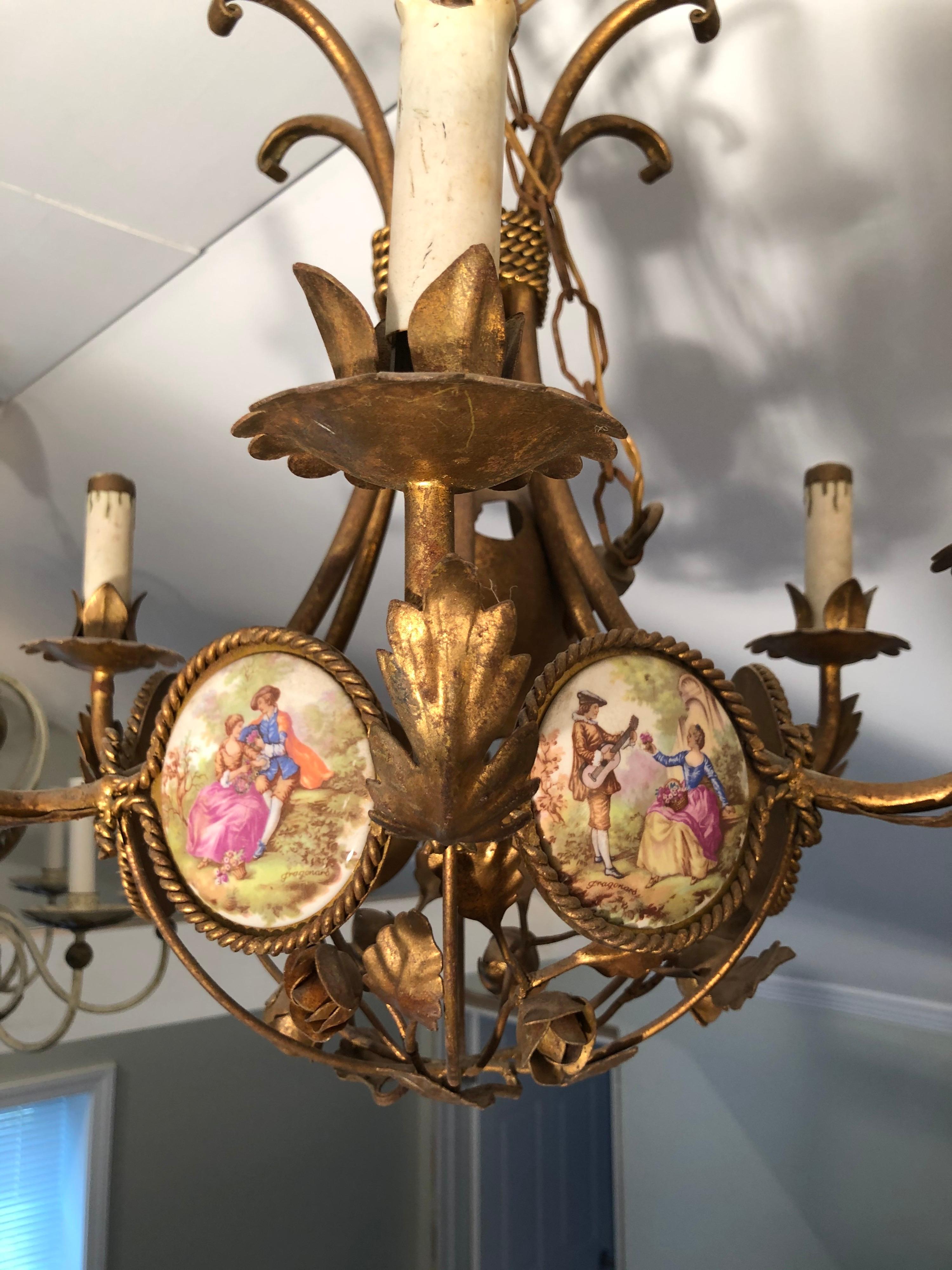 French Gilt Iron Chandelier with Porcelain Genre Scene Panels In Good Condition In Redding, CT