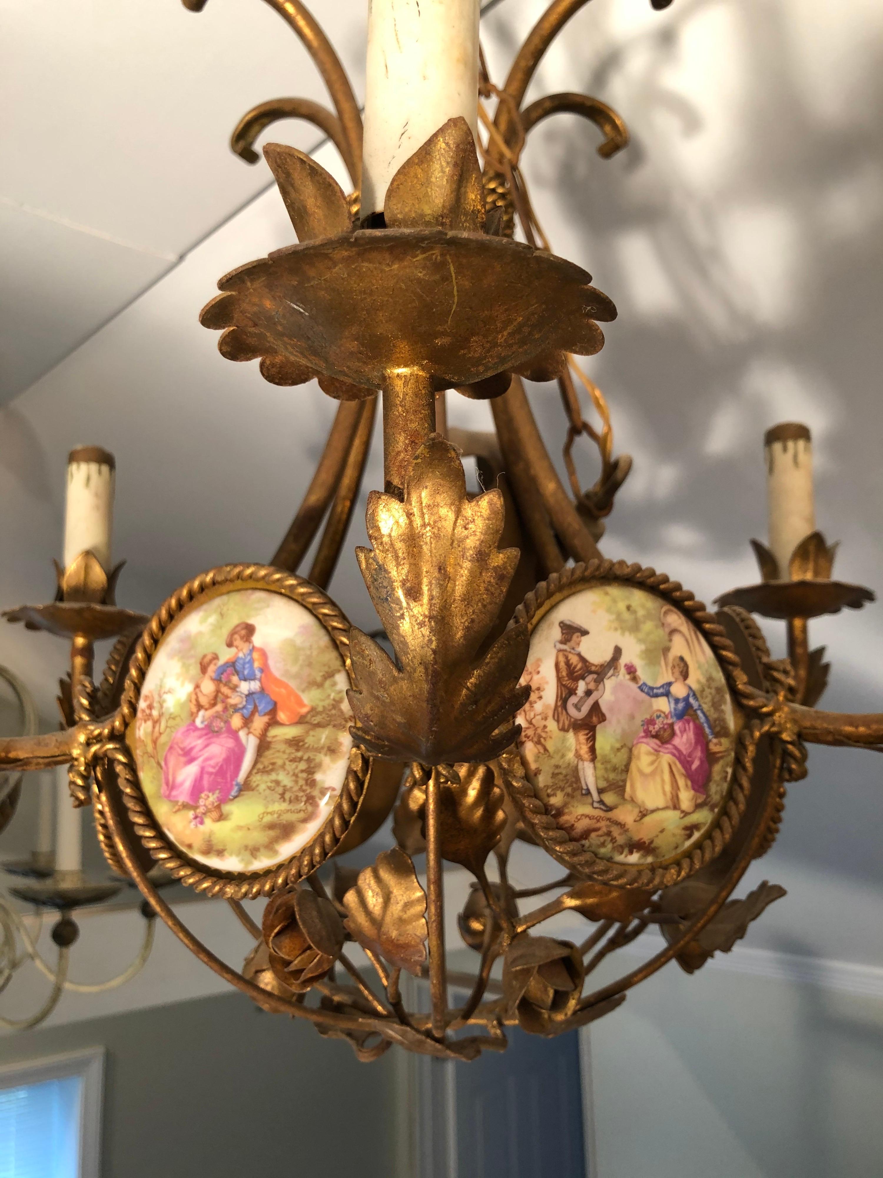 Mid-20th Century French Gilt Iron Chandelier with Porcelain Genre Scene Panels