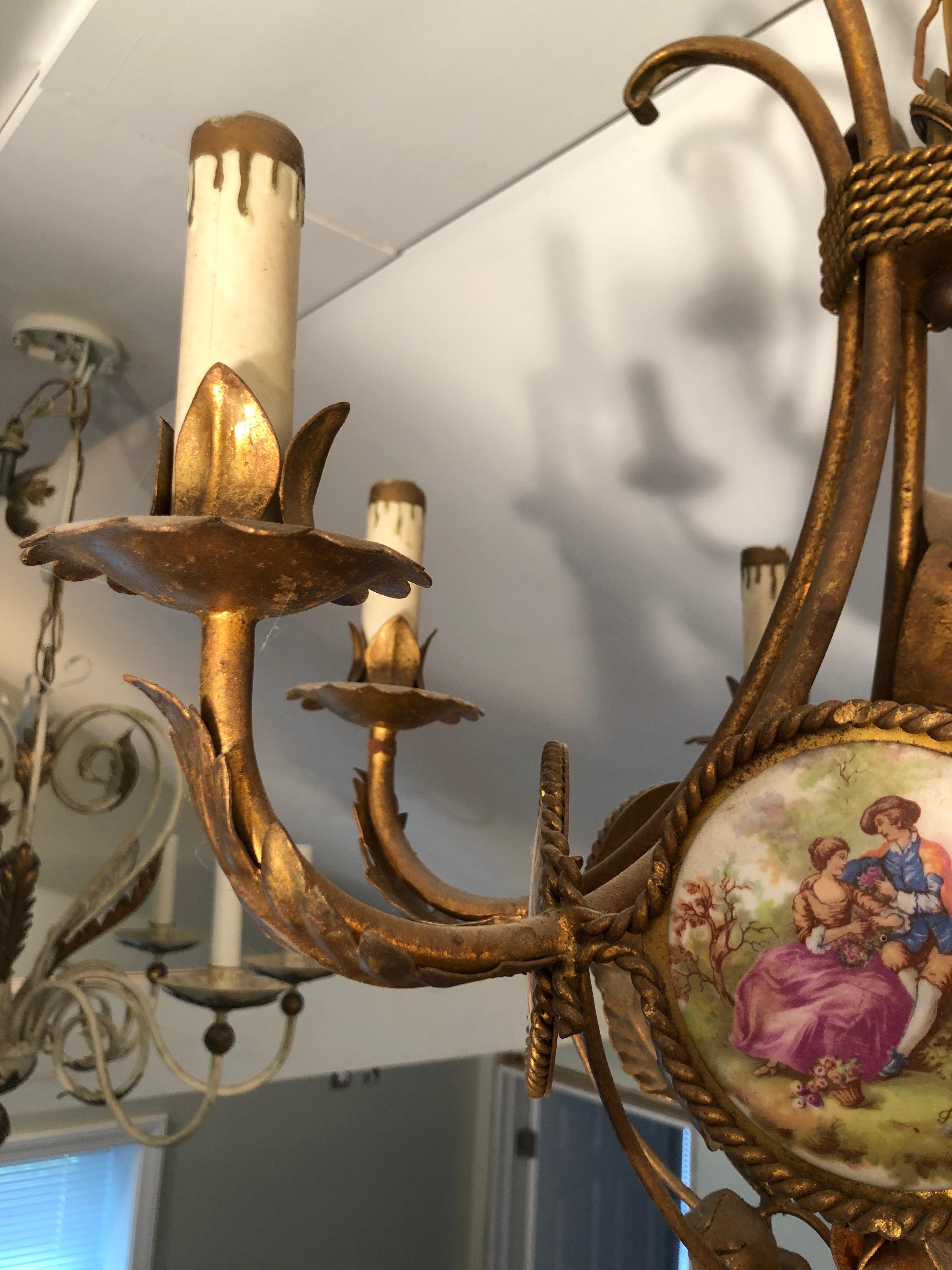 French Gilt Iron Chandelier with Porcelain Genre Scene Panels 1